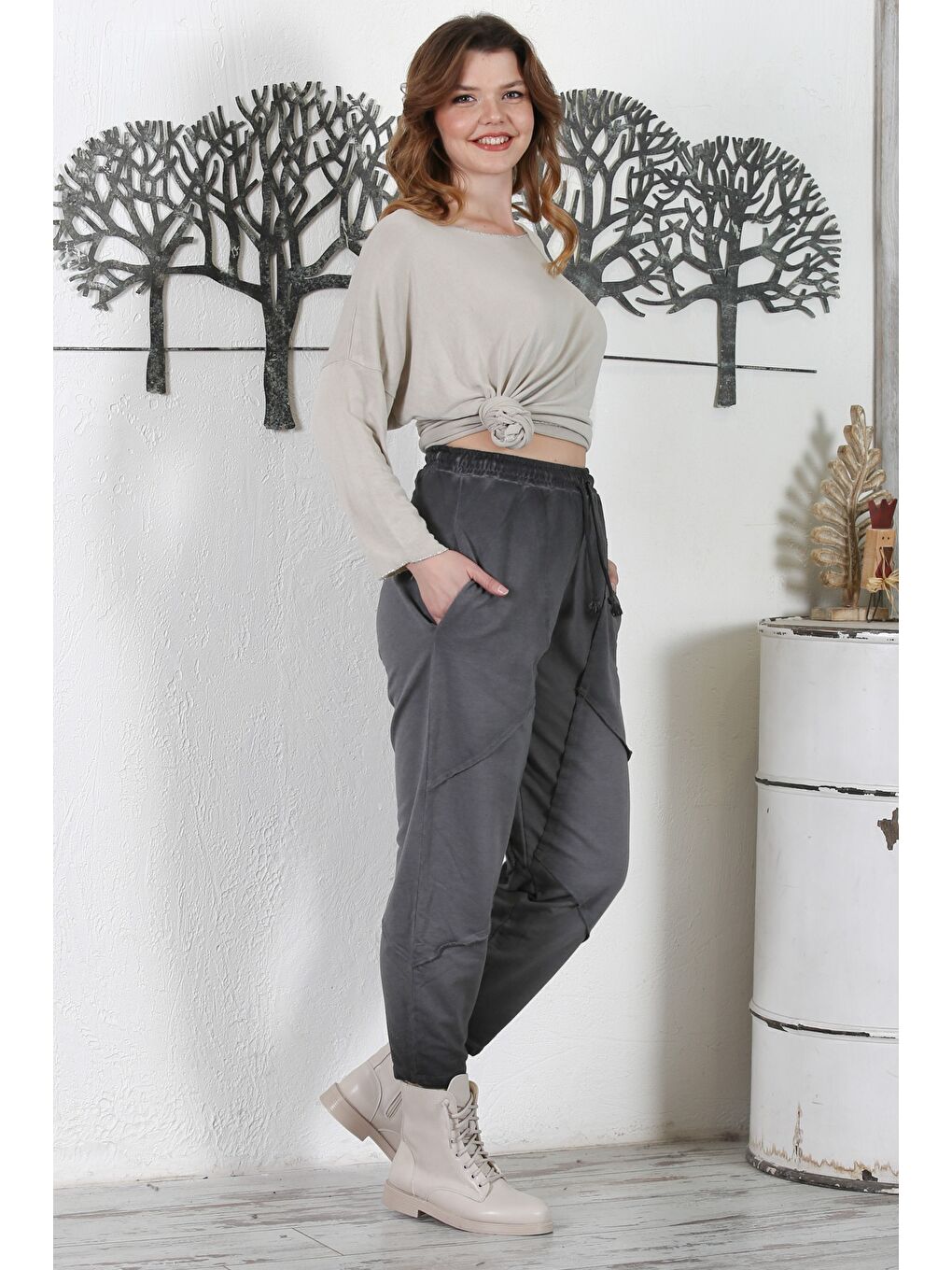 Antrasit Cepli Yıkamalı Lastikli Bel Jogger Paça Casual Örme Pantolon 100 60-2