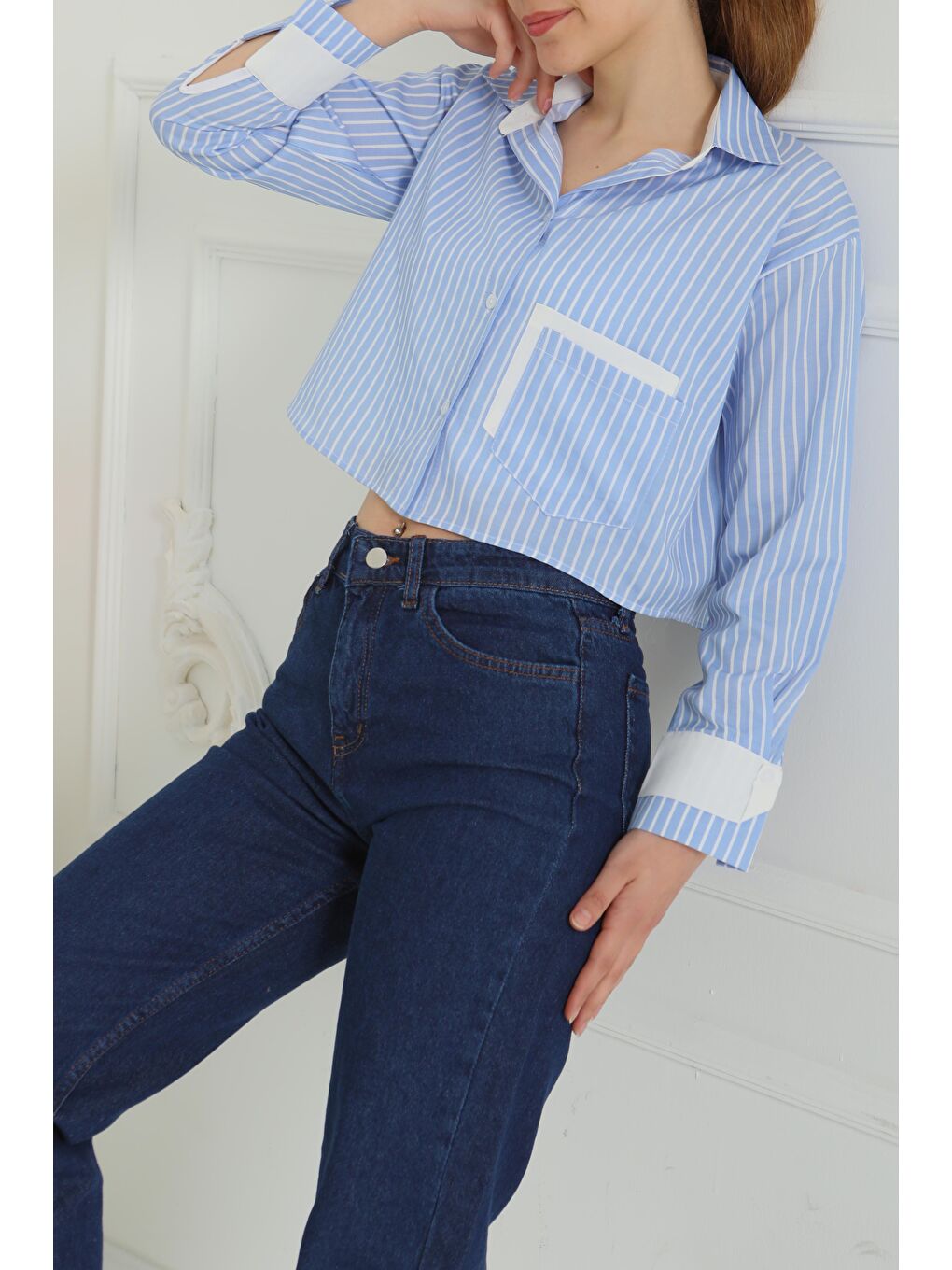 Çizgili Cepli Kısa Gömlek Mavi - 27083-4