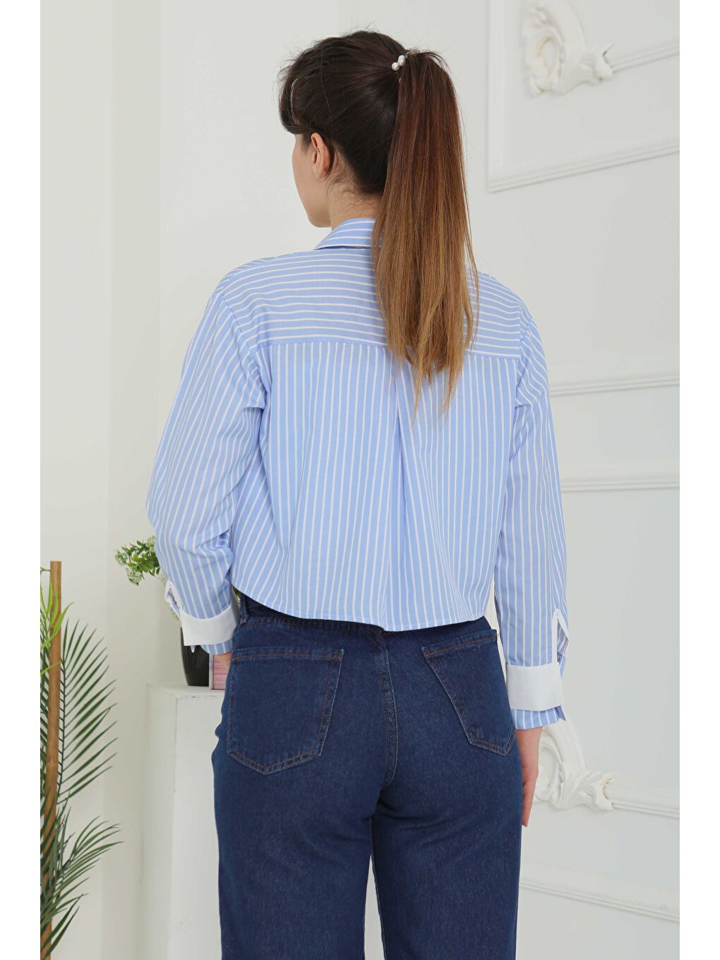 Çizgili Cepli Kısa Gömlek Mavi - 27083-5