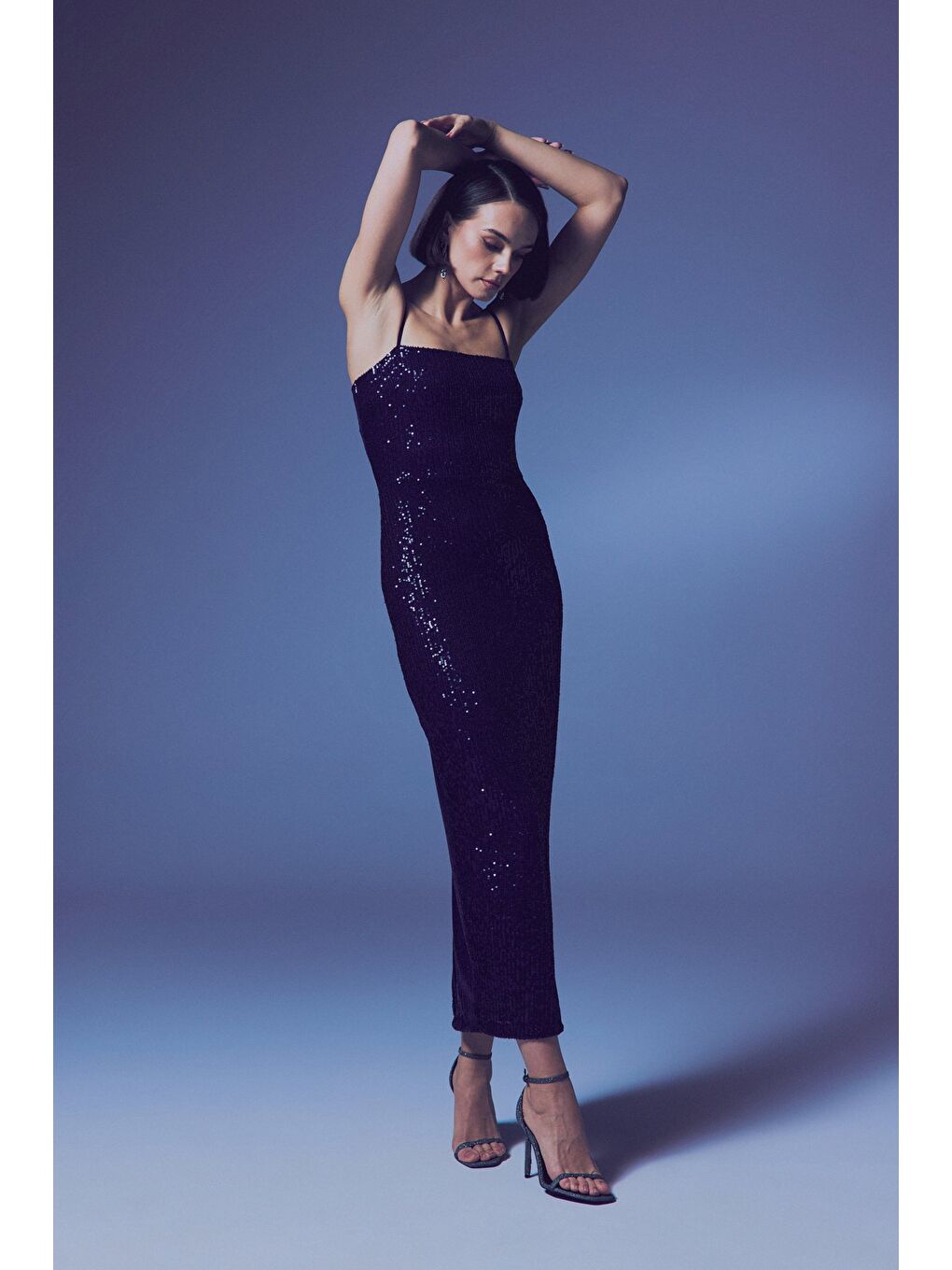 Askılı Uzun Payet Elbise - Lacivert-3