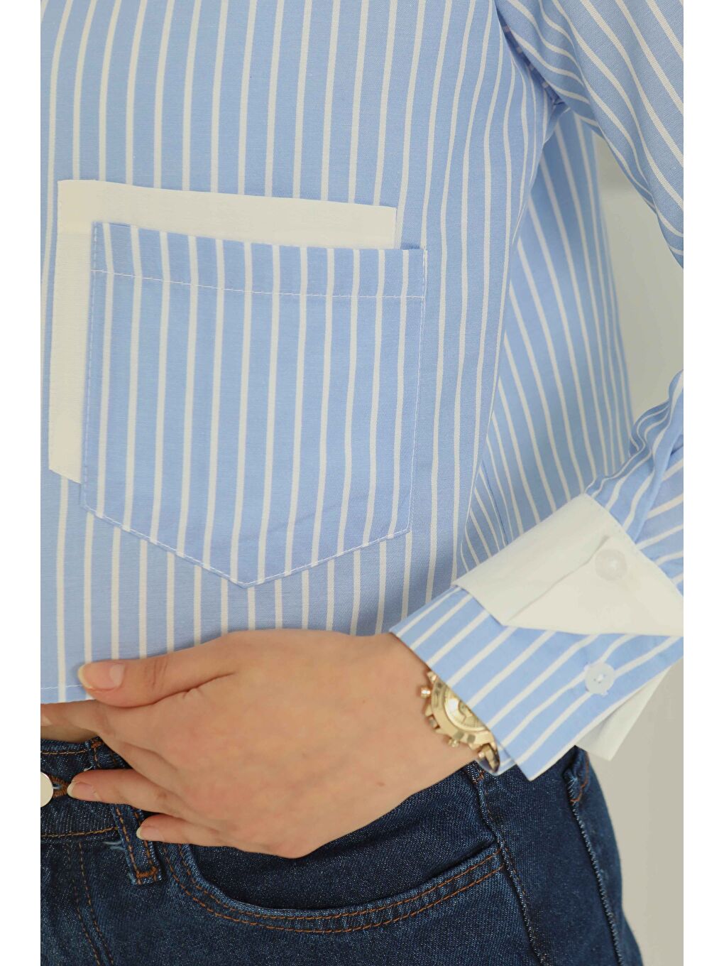 Çizgili Cepli Kısa Gömlek Mavi - 27083-6