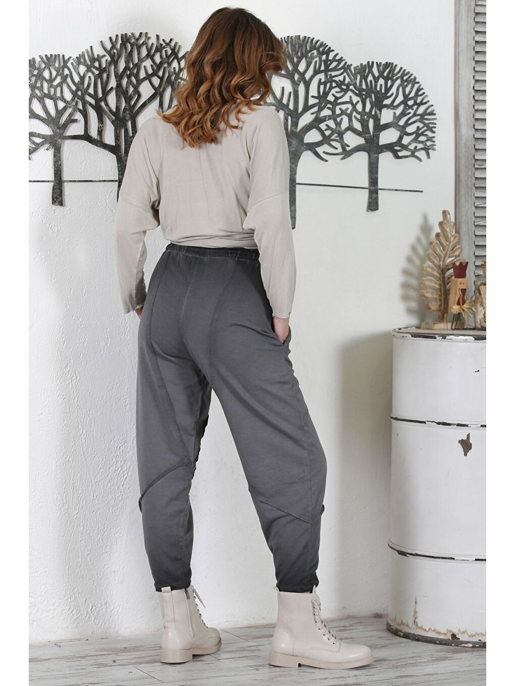 Antrasit Cepli Yıkamalı Lastikli Bel Jogger Paça Casual Örme Pantolon 100 60-6