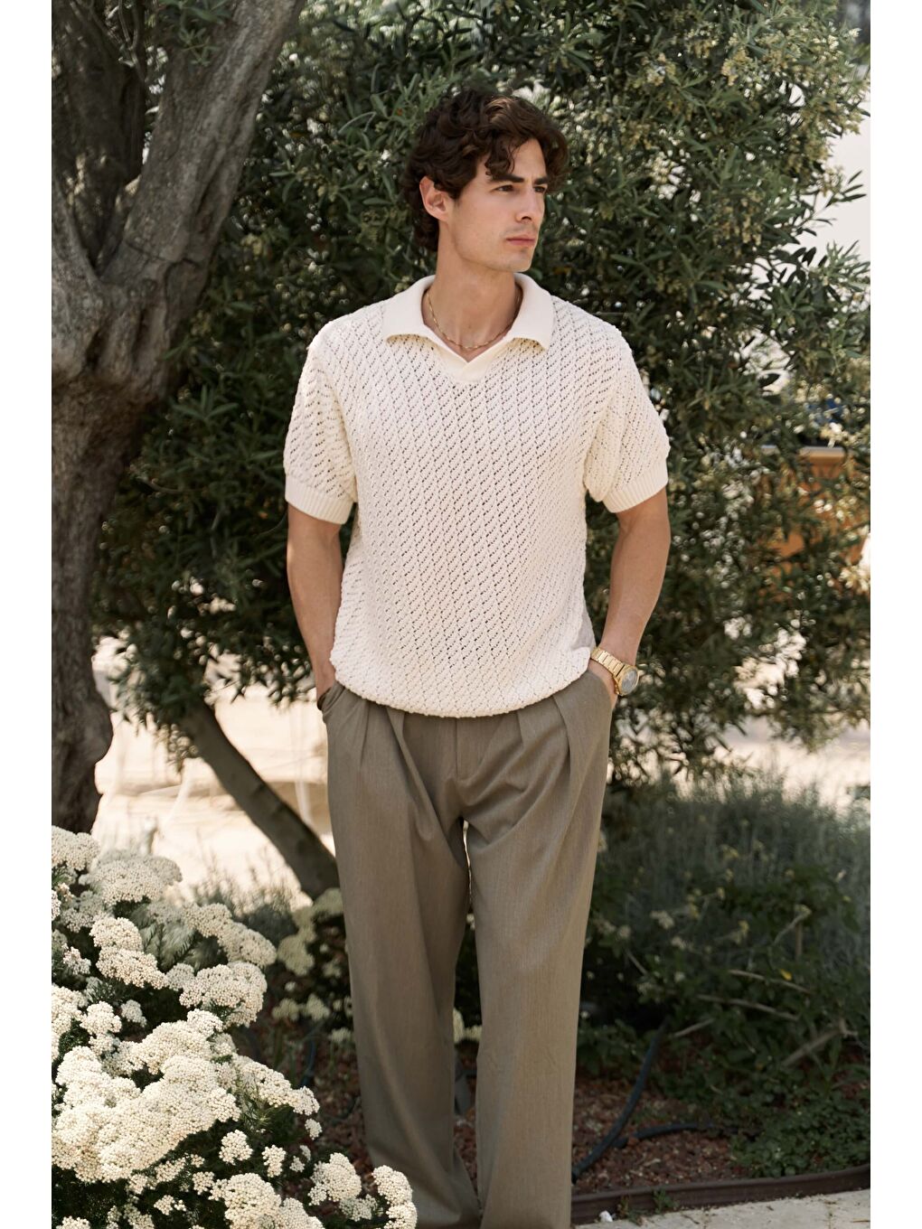 Peter Erkek Polo Yaka Ekru Triko T-Shirt-1