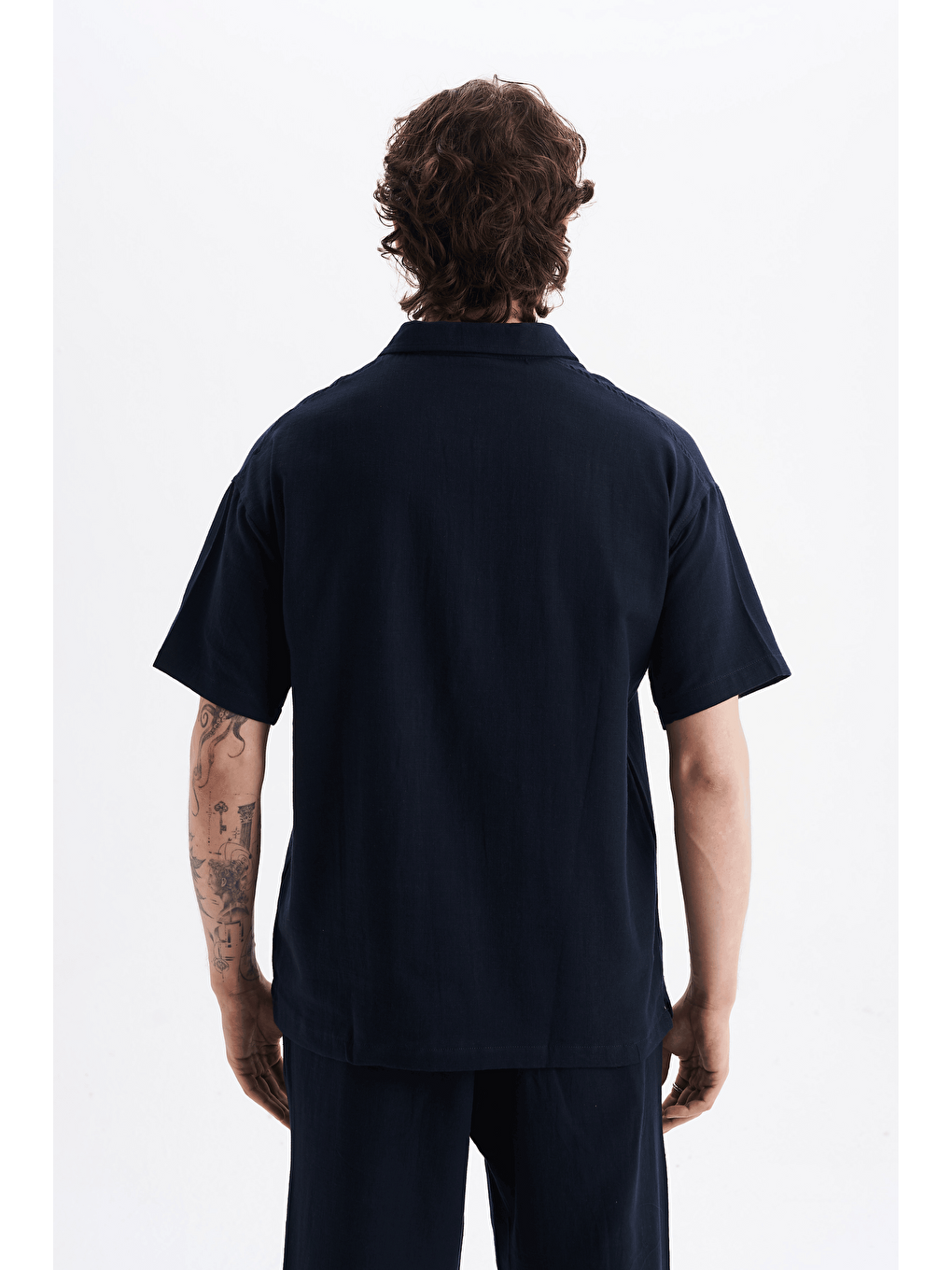 Erkek %100 Pamuklu Keten Görünümlü Pantolon Tshirt Takım Lacivert-3