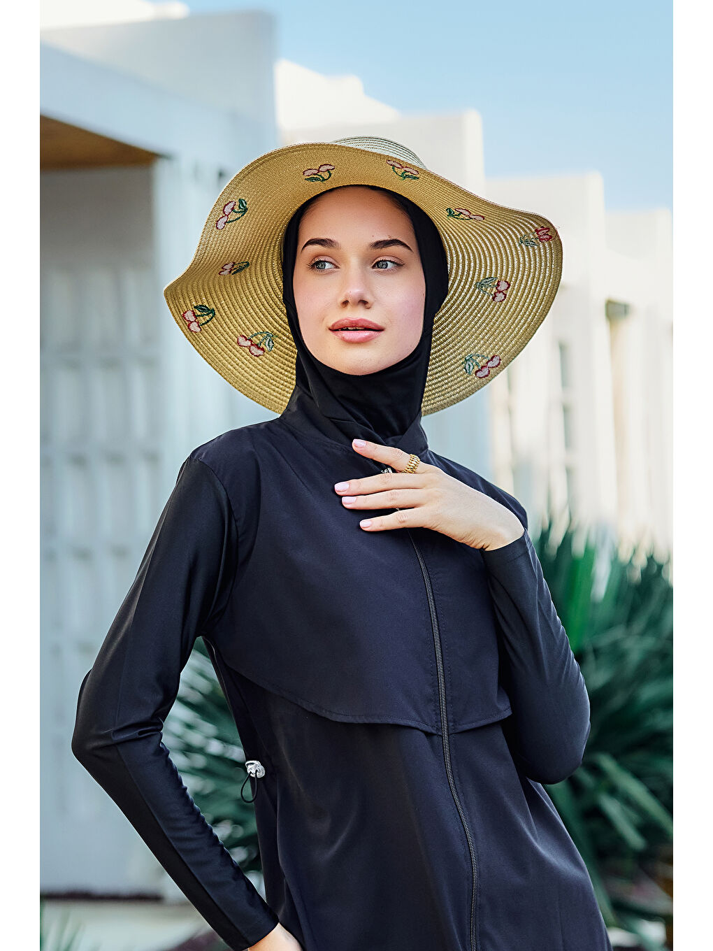 Kiraz Nakışlı Hasır Şapka Plaj Şapkası 2115 Bej-1