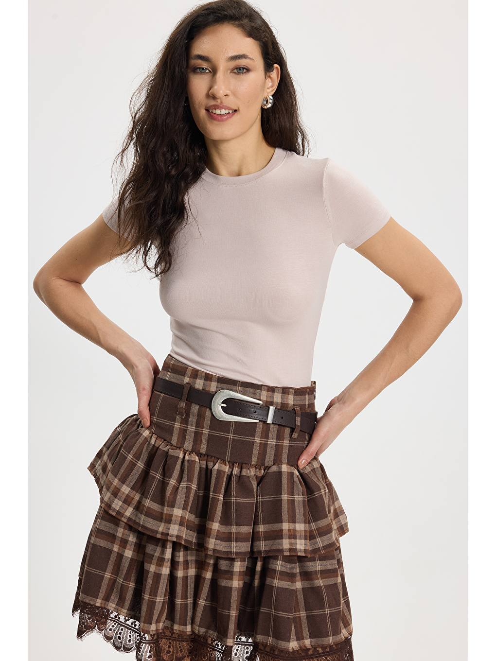 Kadın Slim Fit Dar Kesim Pamuklu Kısa Kollu Bisiklet Yaka Pembe Tişört-6