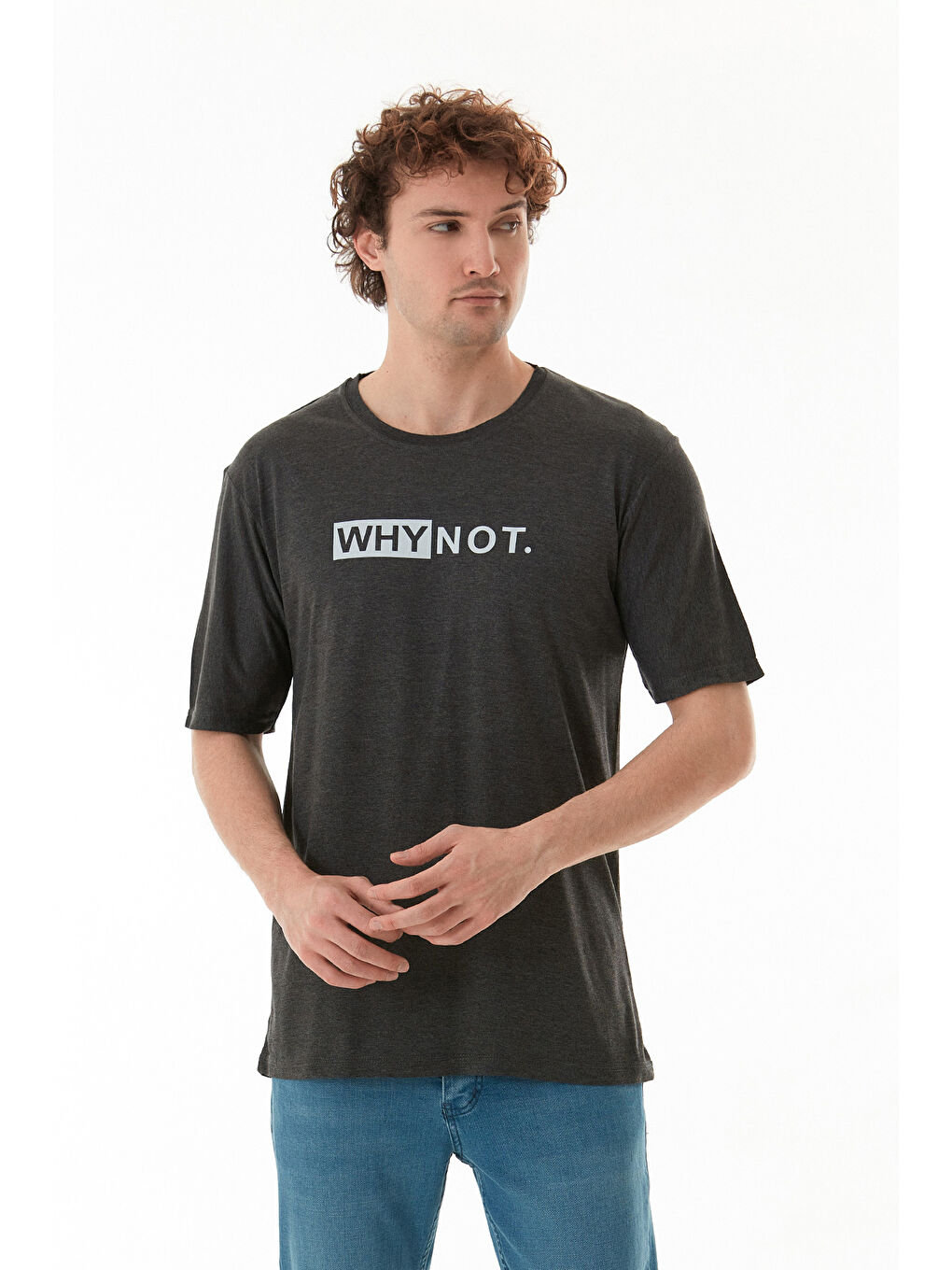 Antrasit Why Not Yazı Baskılı Bisiklet Yaka Tişört