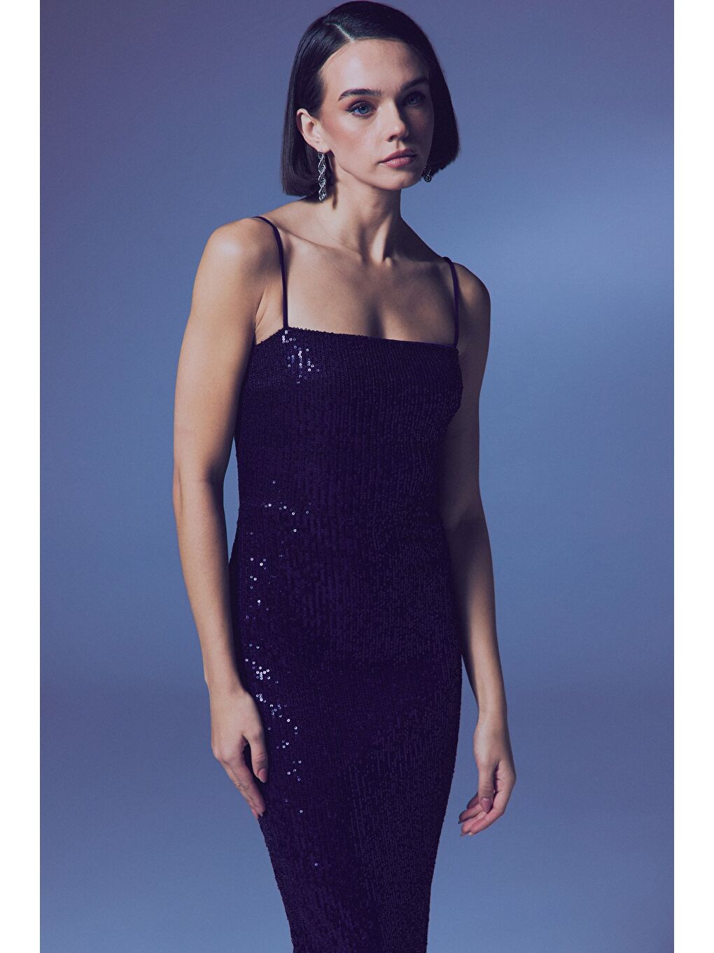 Askılı Uzun Payet Elbise - Lacivert-5