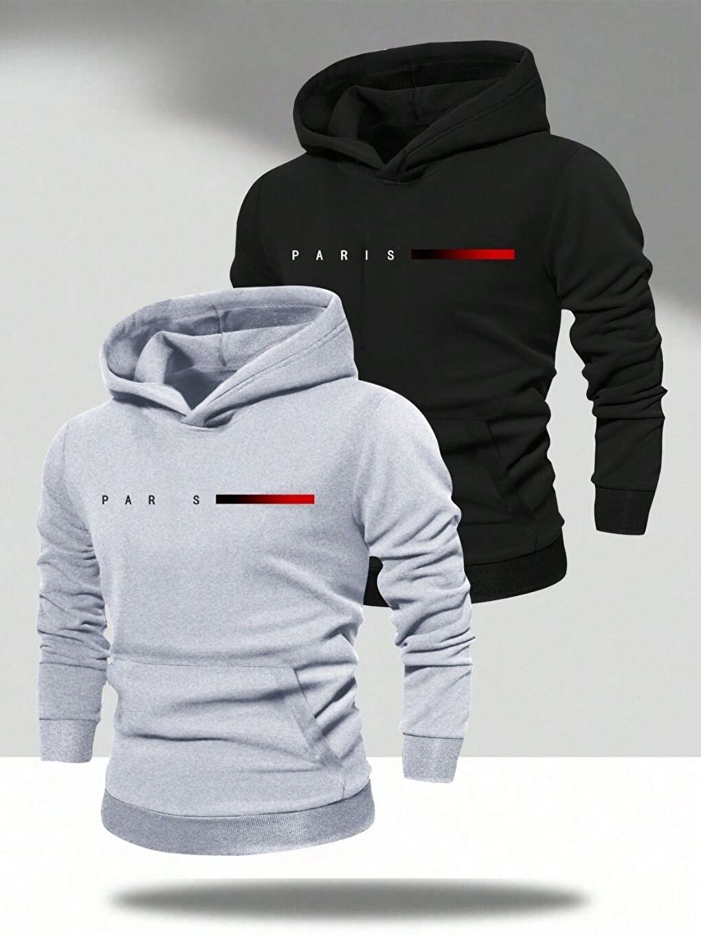 2'li Set Erkek Siyah Gri Oversize Paris Baskılı Kapüşonlu Sweatshirt