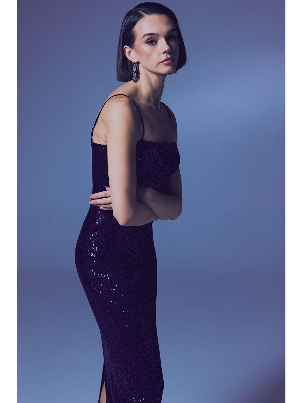 Askılı Uzun Payet Elbise - Lacivert-6