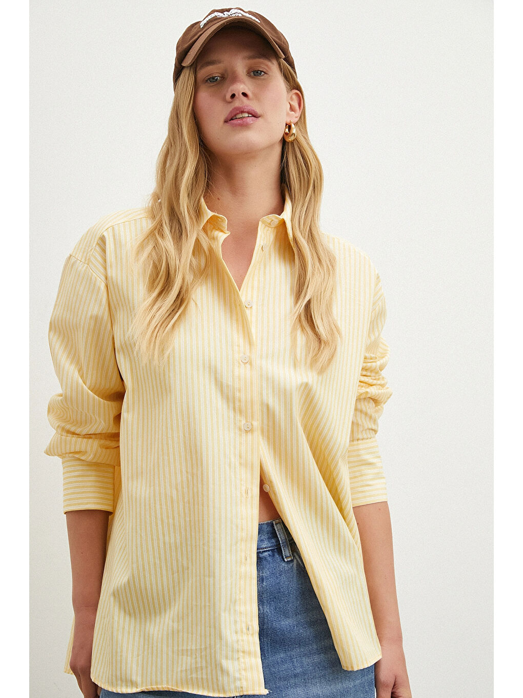 Çizgili Poplin Gömlek Sarı-2