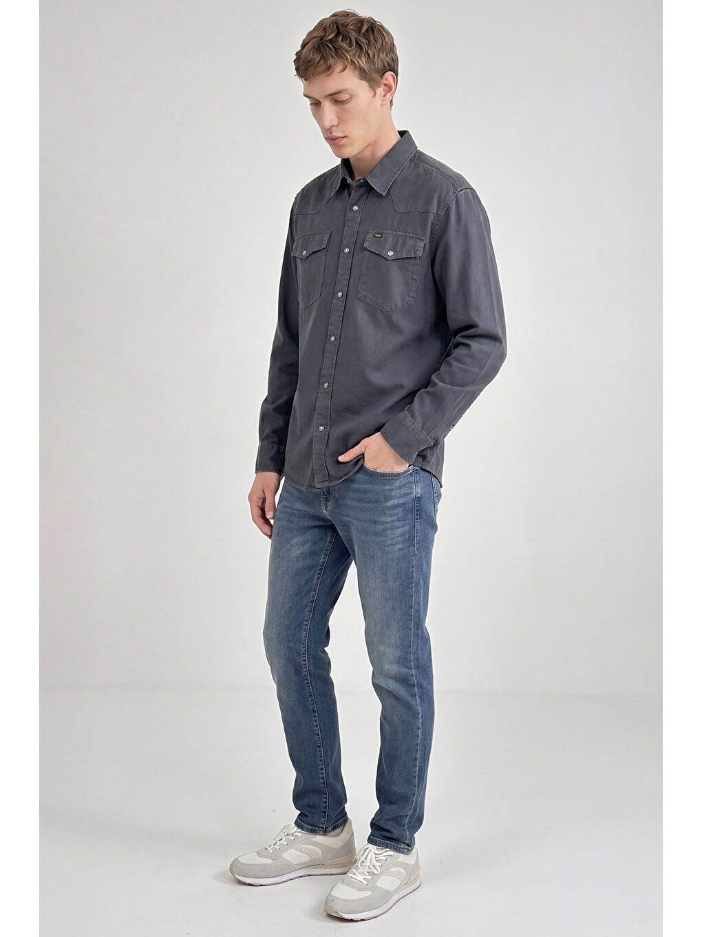 Antrasit %100 Pamuk Western Regular Fit Normal Kesim Cepli Gömlek-1