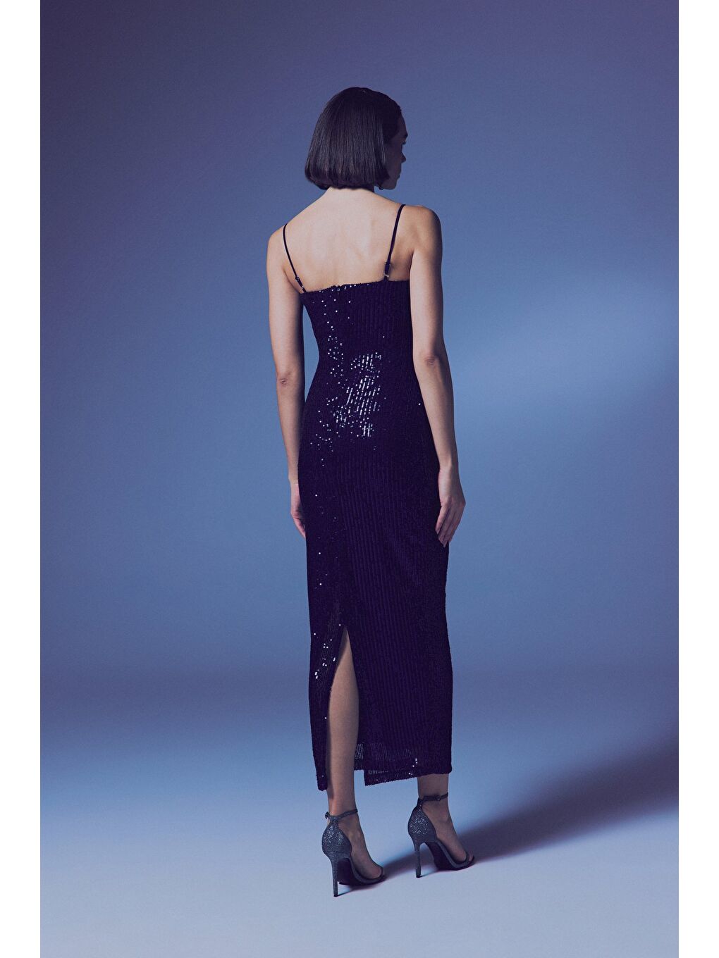 Askılı Uzun Payet Elbise - Lacivert-7