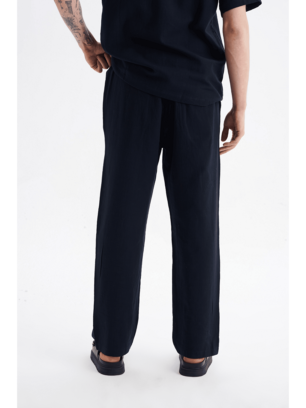 Erkek %100 Pamuklu Keten Görünümlü Pantolon Tshirt Takım Lacivert-4