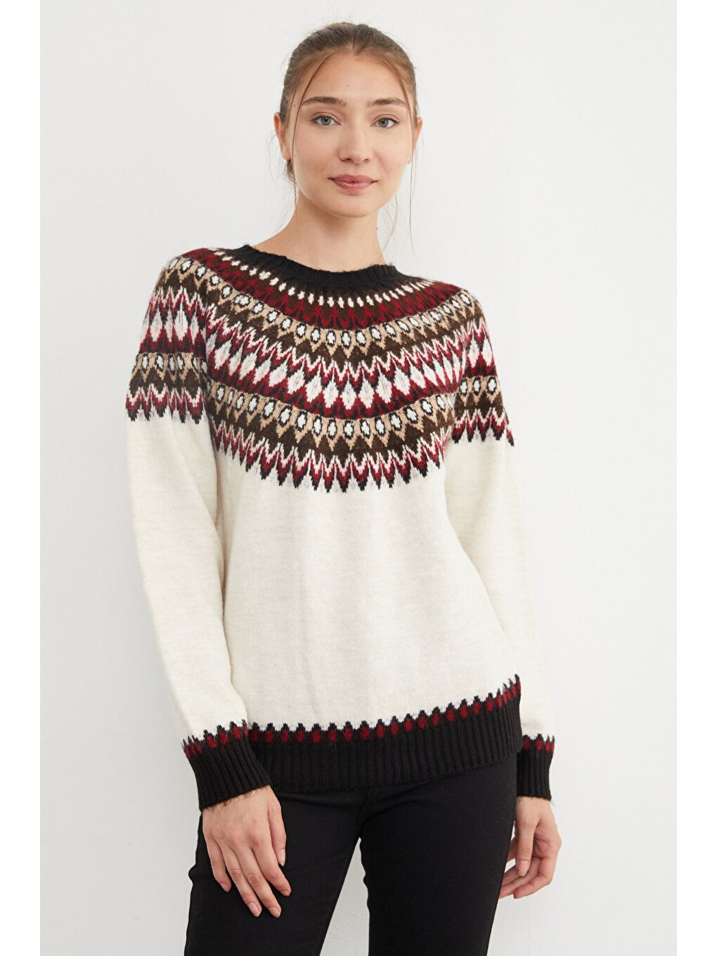 Bej Desenli Bisiklet Yaka Triko Kazak-1