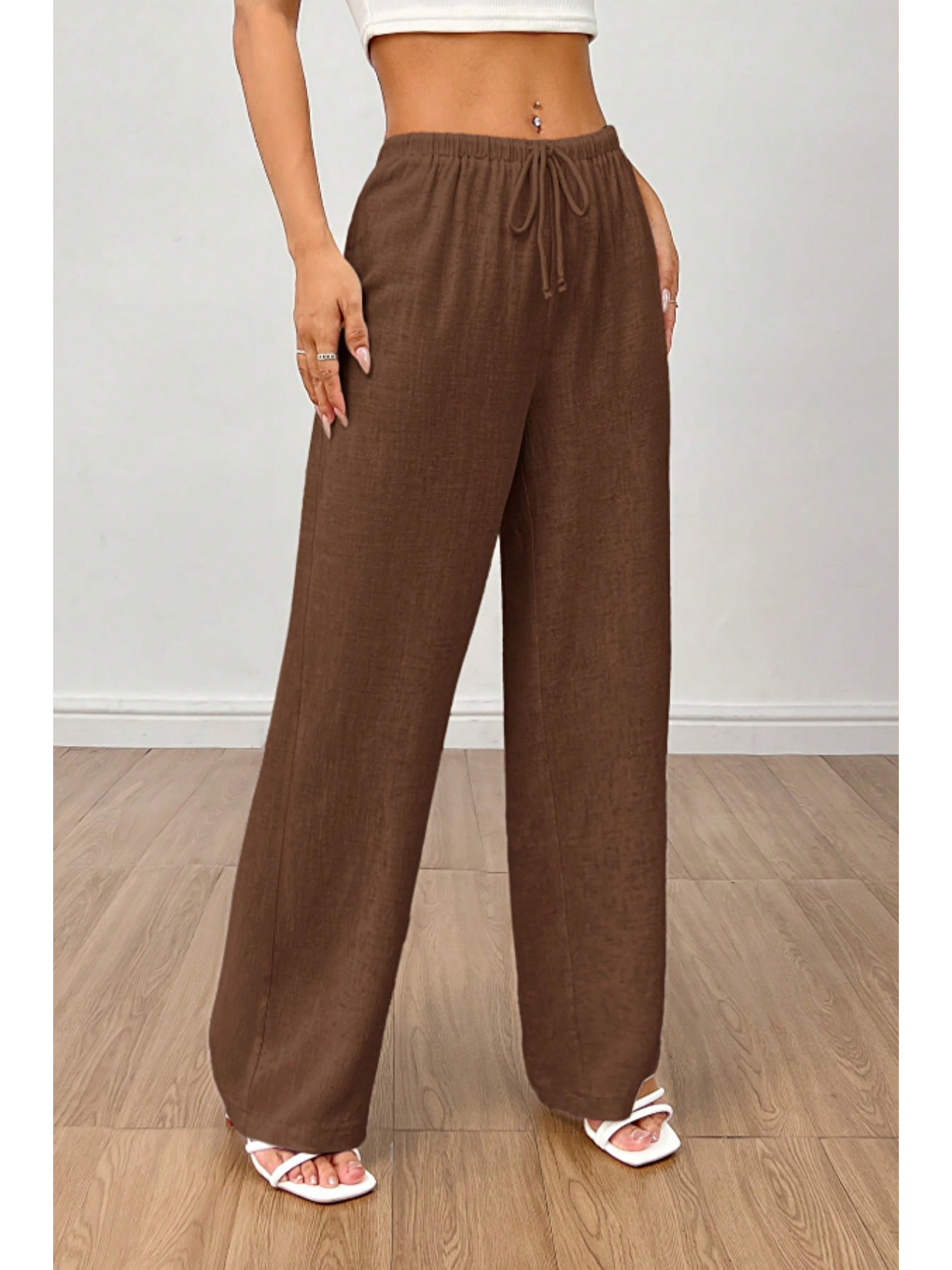 Kahverengi Bol Paça Müslin Kadın Pantolon-1