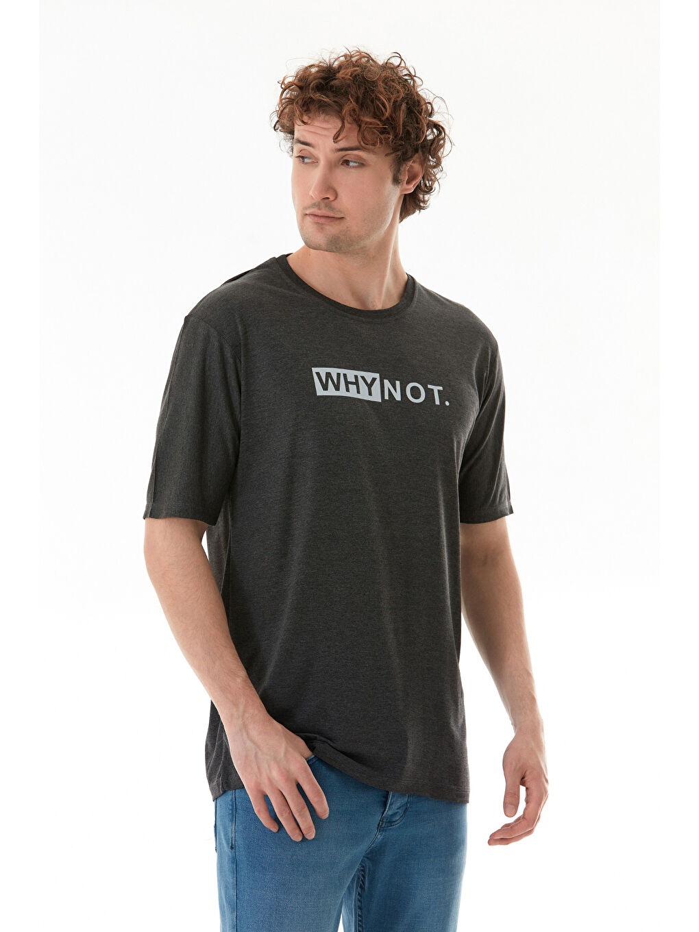 Antrasit Why Not Yazı Baskılı Bisiklet Yaka Tişört-1