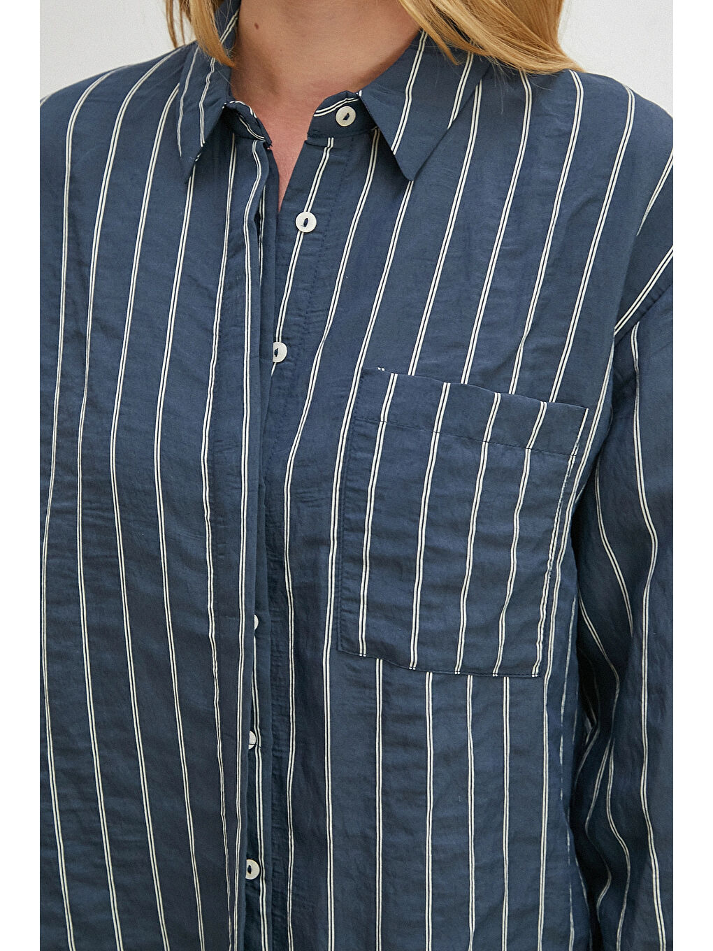 Çizgili Cepli Modal Gömlek Lacivert-4