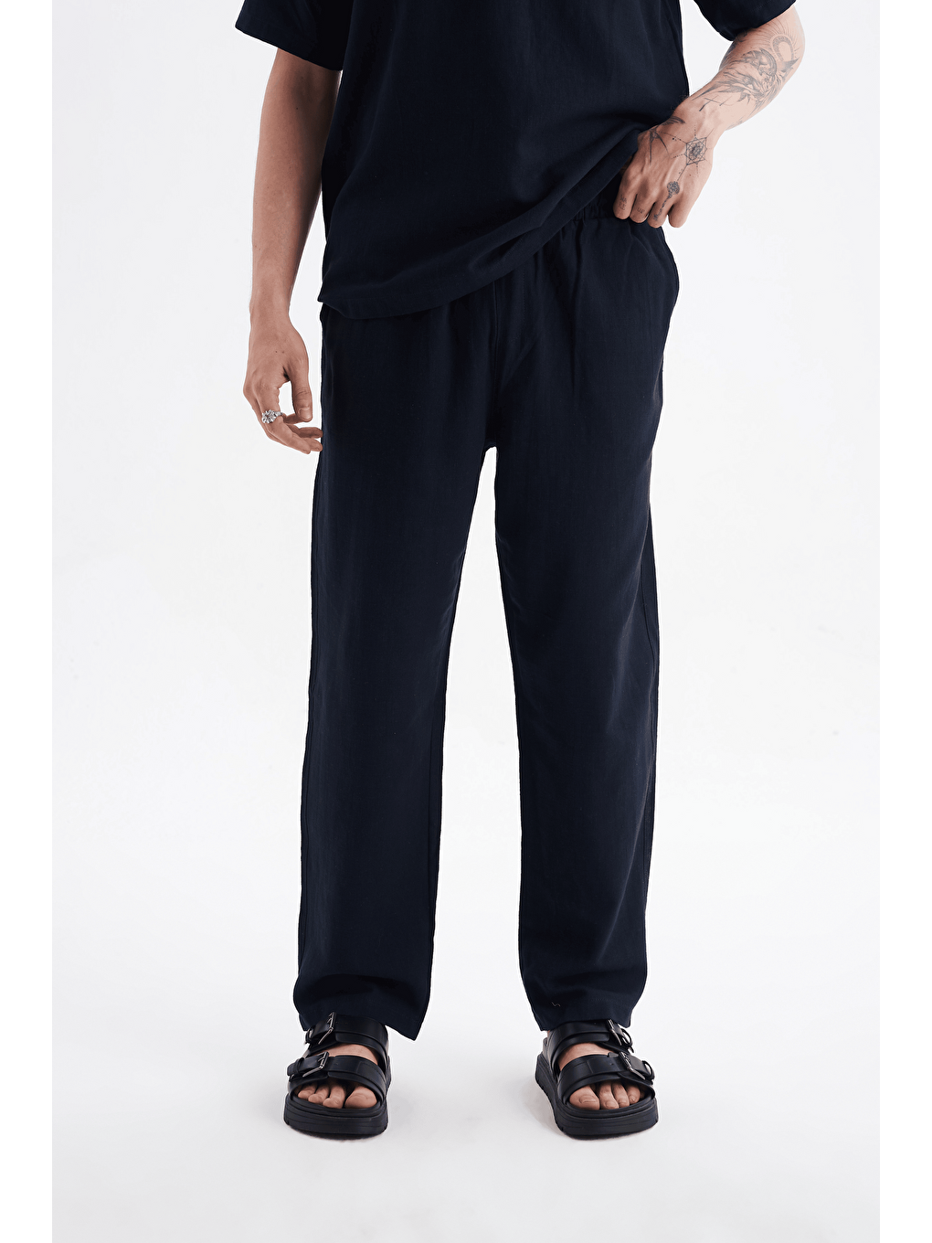 Erkek %100 Pamuklu Keten Görünümlü Pantolon Tshirt Takım Lacivert-5