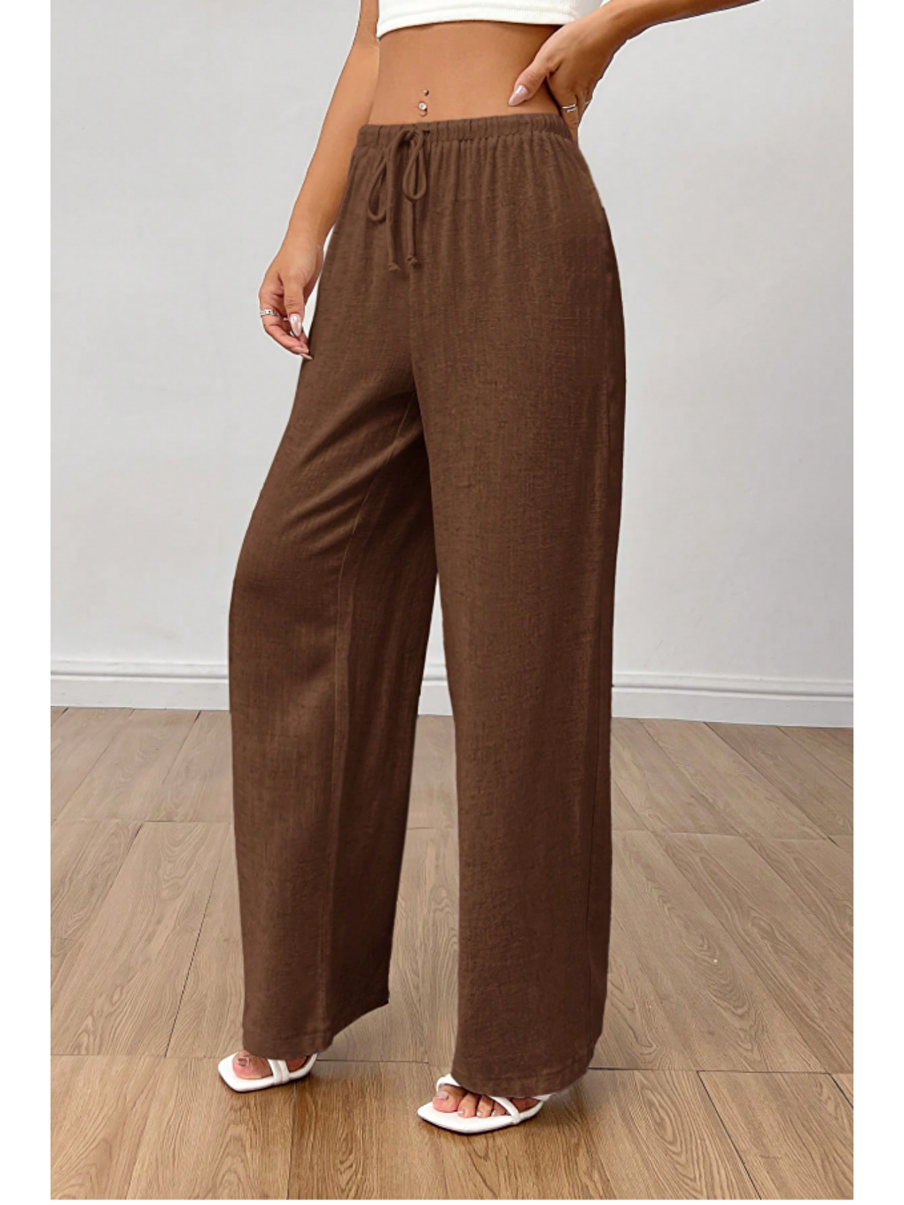 Kahverengi Bol Paça Müslin Kadın Pantolon-2