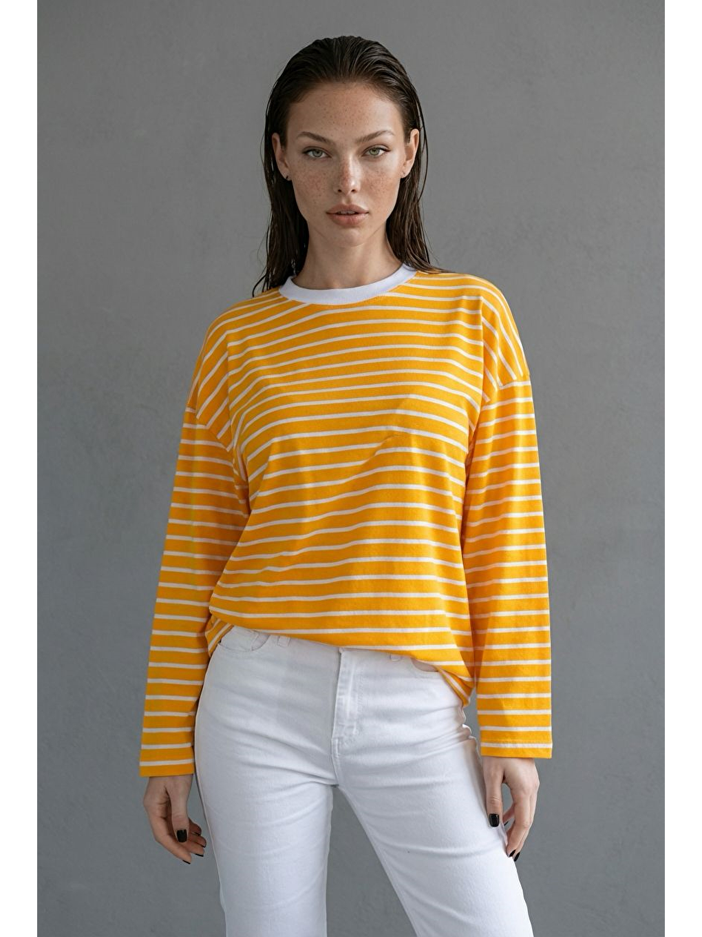 Sarı Hardal Bisiklet Yaka Çizgili Uzun Kollu Tişört Mg2362