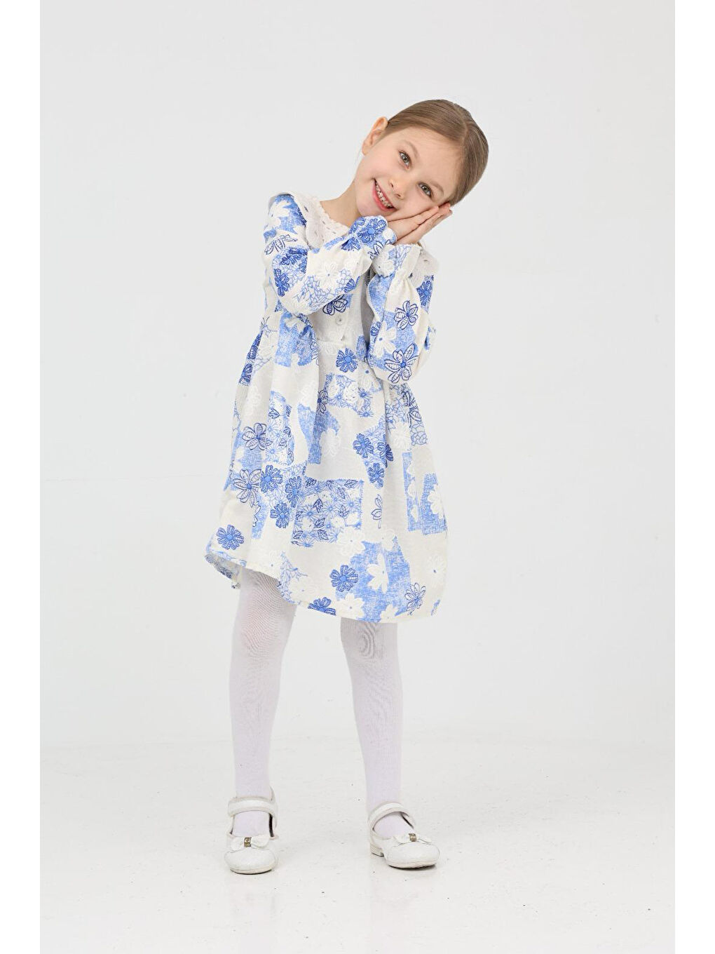 Mavi Kız Çocuk Keten Kumaş Dantel Yakalı Elbise 12191-1
