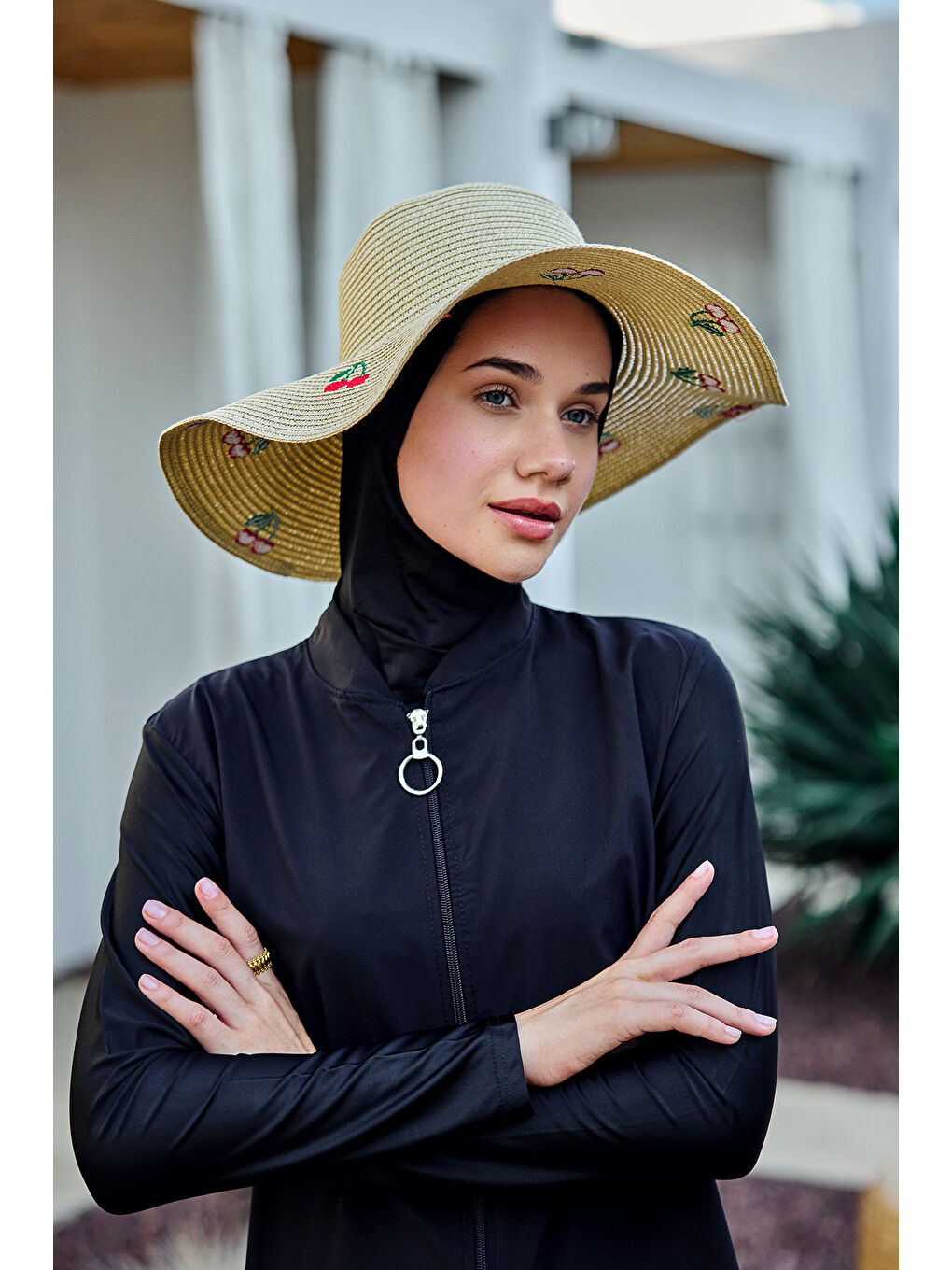 Kiraz Nakışlı Hasır Şapka Plaj Şapkası 2115 Bej-4