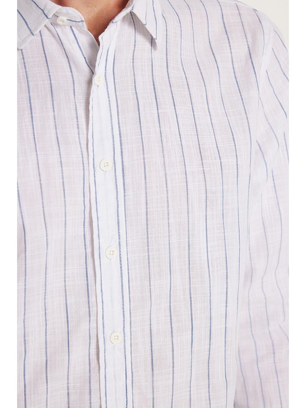 Karışık Erkek Slim Fit Dar Kesim Düğmeli Spor Yaka Keten Efekt %100 Pamuk Mavi Çizgili Yazlık Gömlek-2
