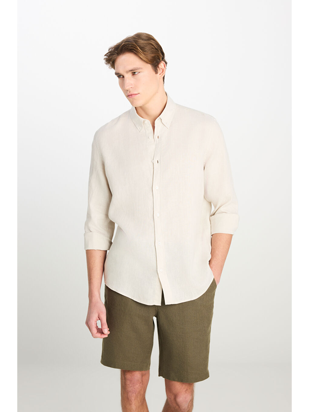 %100 Keten Regular Fit Normal Kesim Bej Gömlek