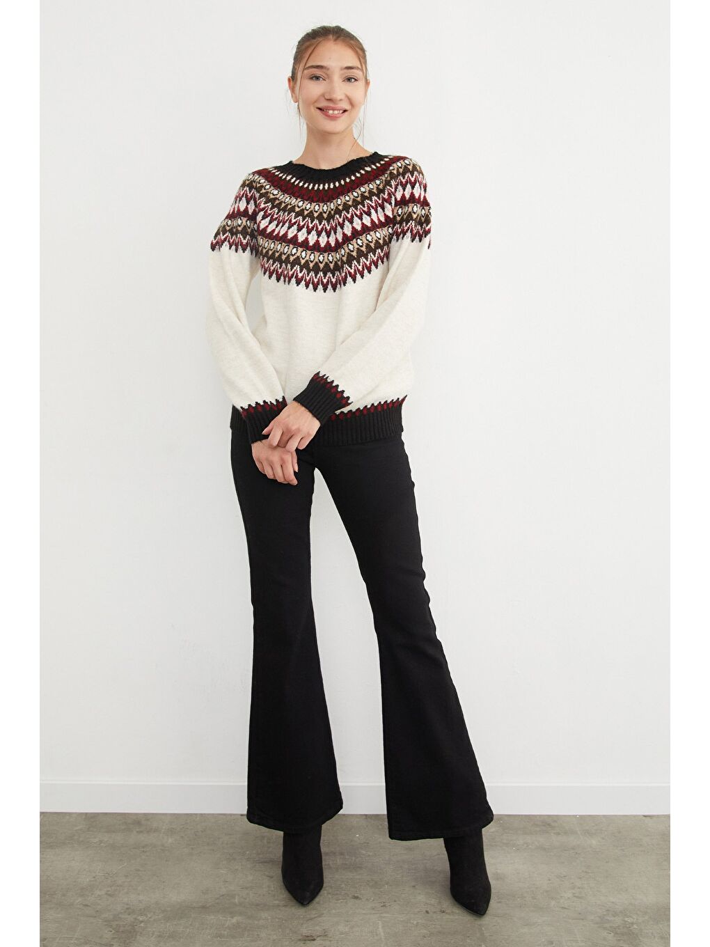 Bej Desenli Bisiklet Yaka Triko Kazak-2