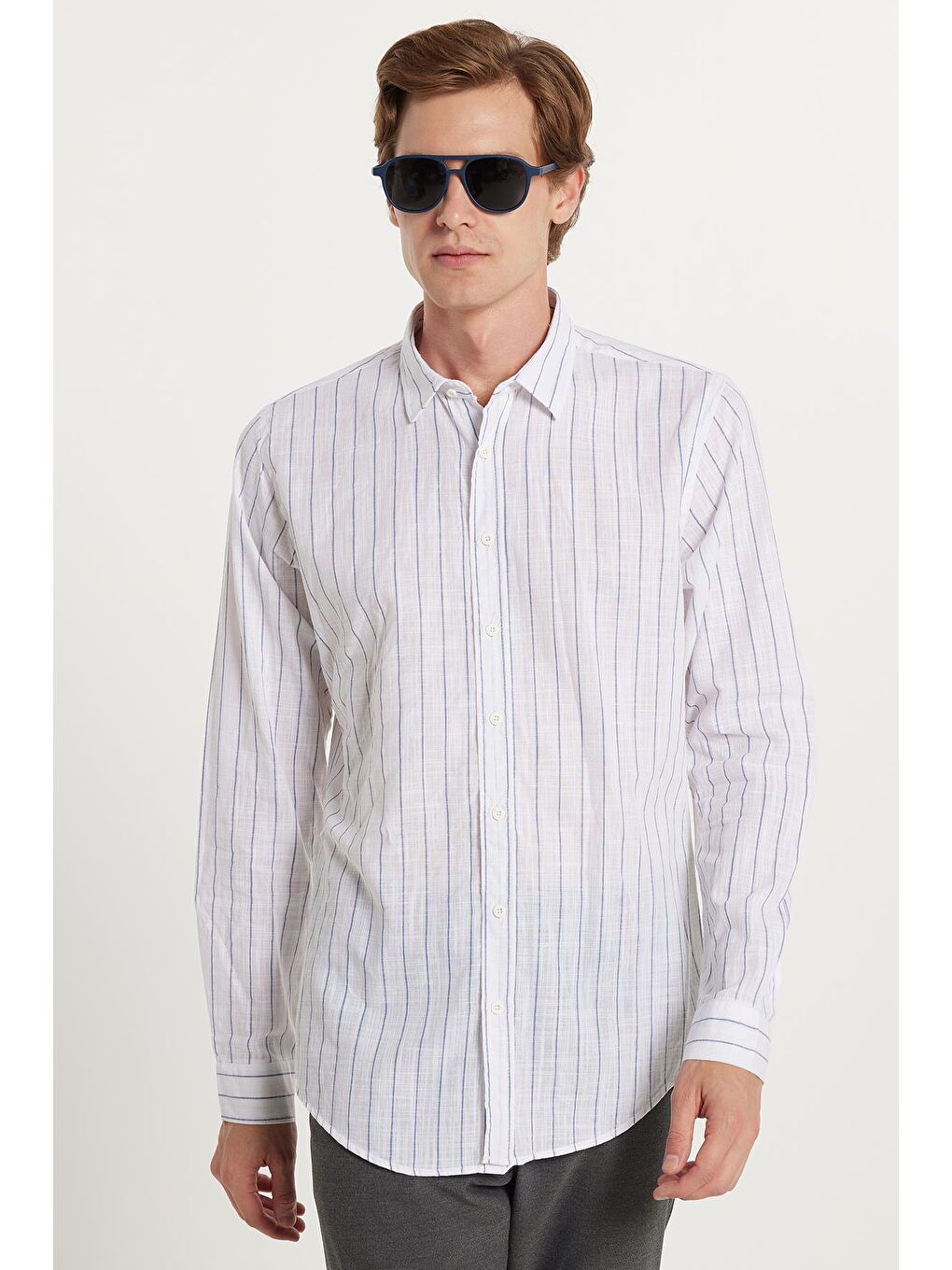 Karışık Erkek Slim Fit Dar Kesim Düğmeli Spor Yaka Keten Efekt %100 Pamuk Mavi Çizgili Yazlık Gömlek-3