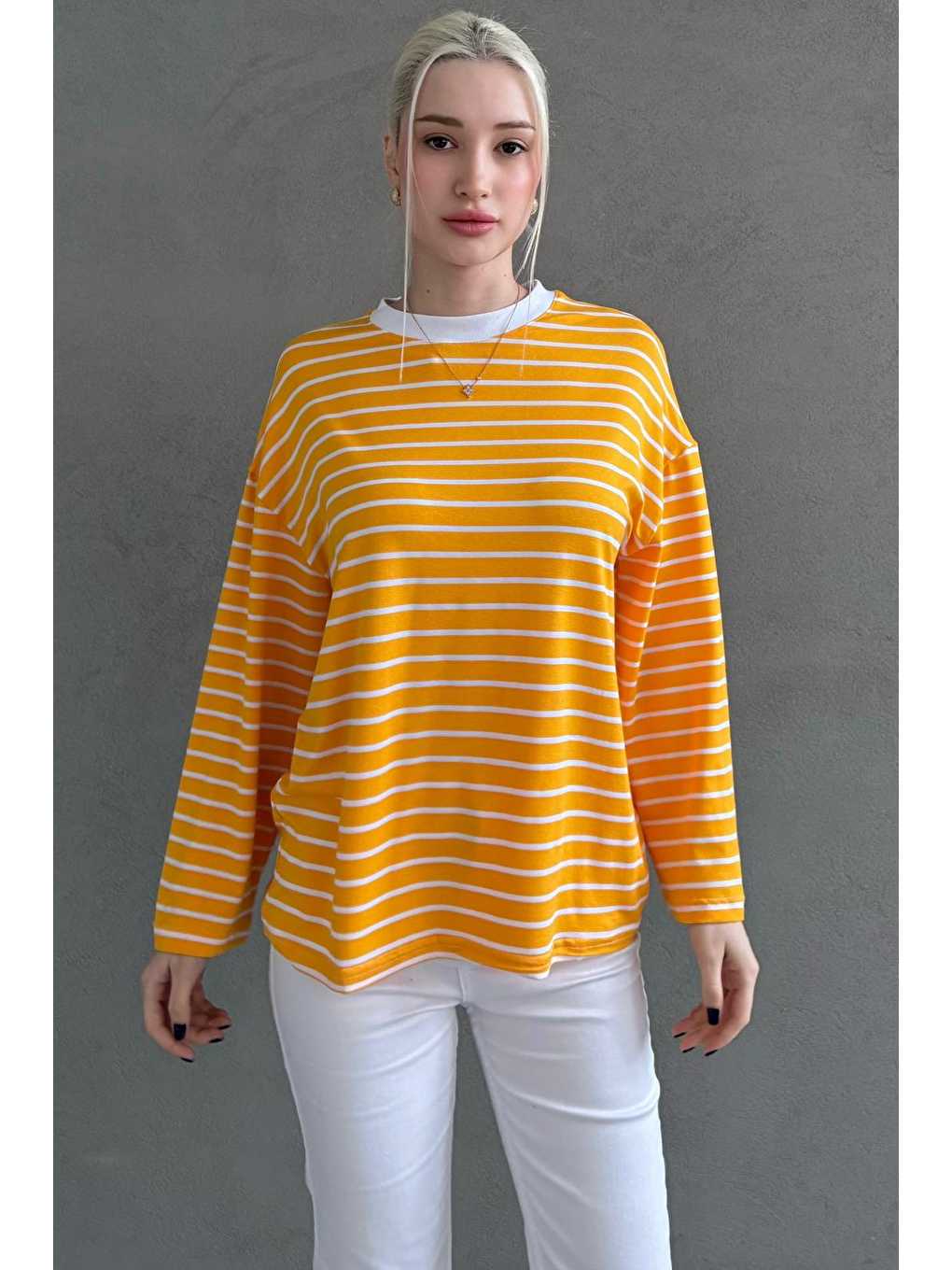 Sarı Hardal Bisiklet Yaka Çizgili Uzun Kollu Tişört Mg2362-2