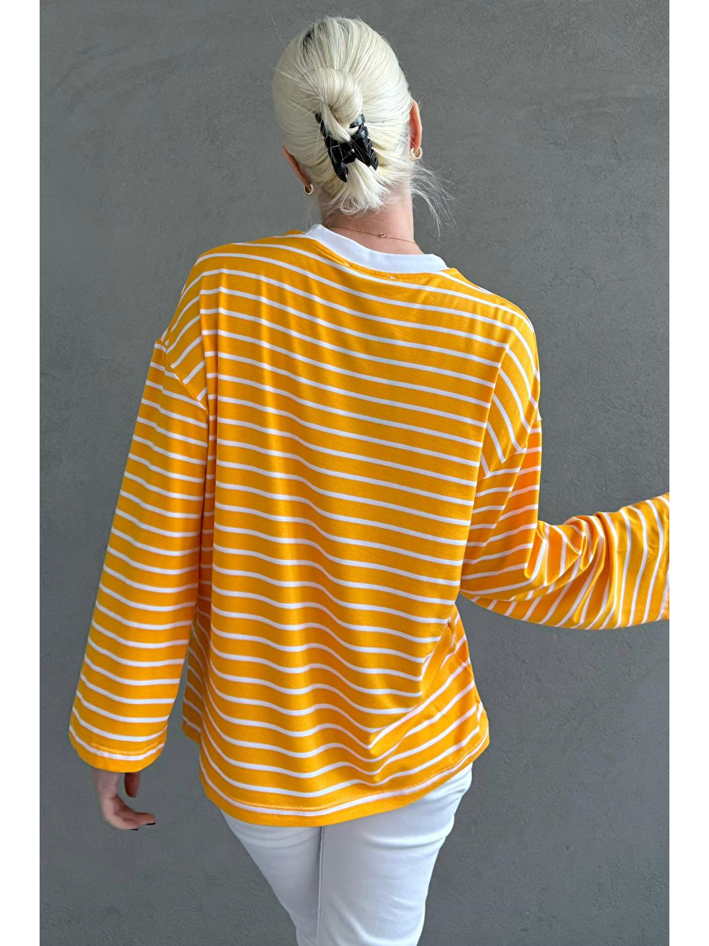 Sarı Hardal Bisiklet Yaka Çizgili Uzun Kollu Tişört Mg2362-3