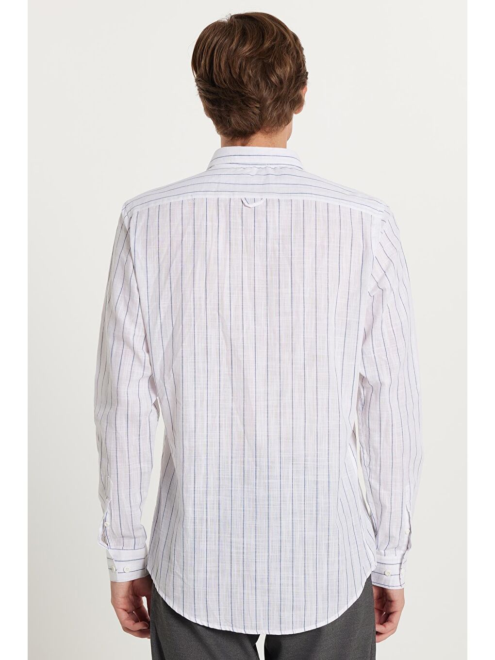 Karışık Erkek Slim Fit Dar Kesim Düğmeli Spor Yaka Keten Efekt %100 Pamuk Mavi Çizgili Yazlık Gömlek-4