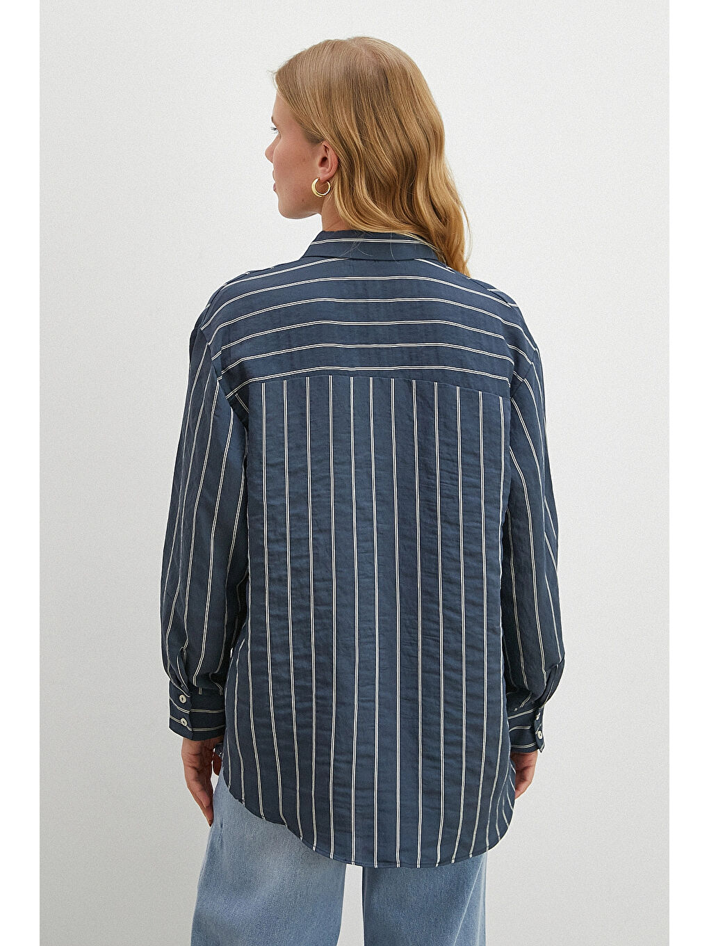 Çizgili Cepli Modal Gömlek Lacivert-5