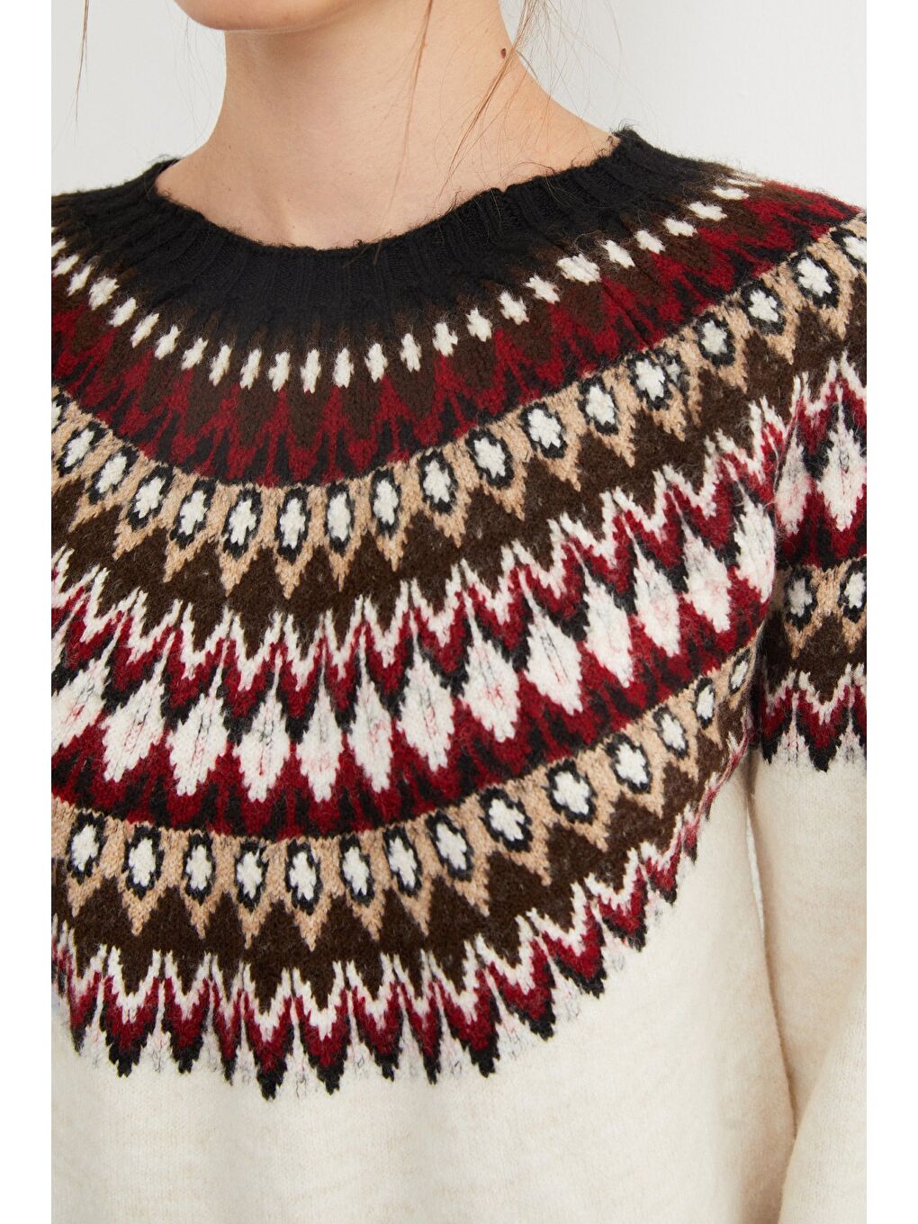 Bej Desenli Bisiklet Yaka Triko Kazak-3