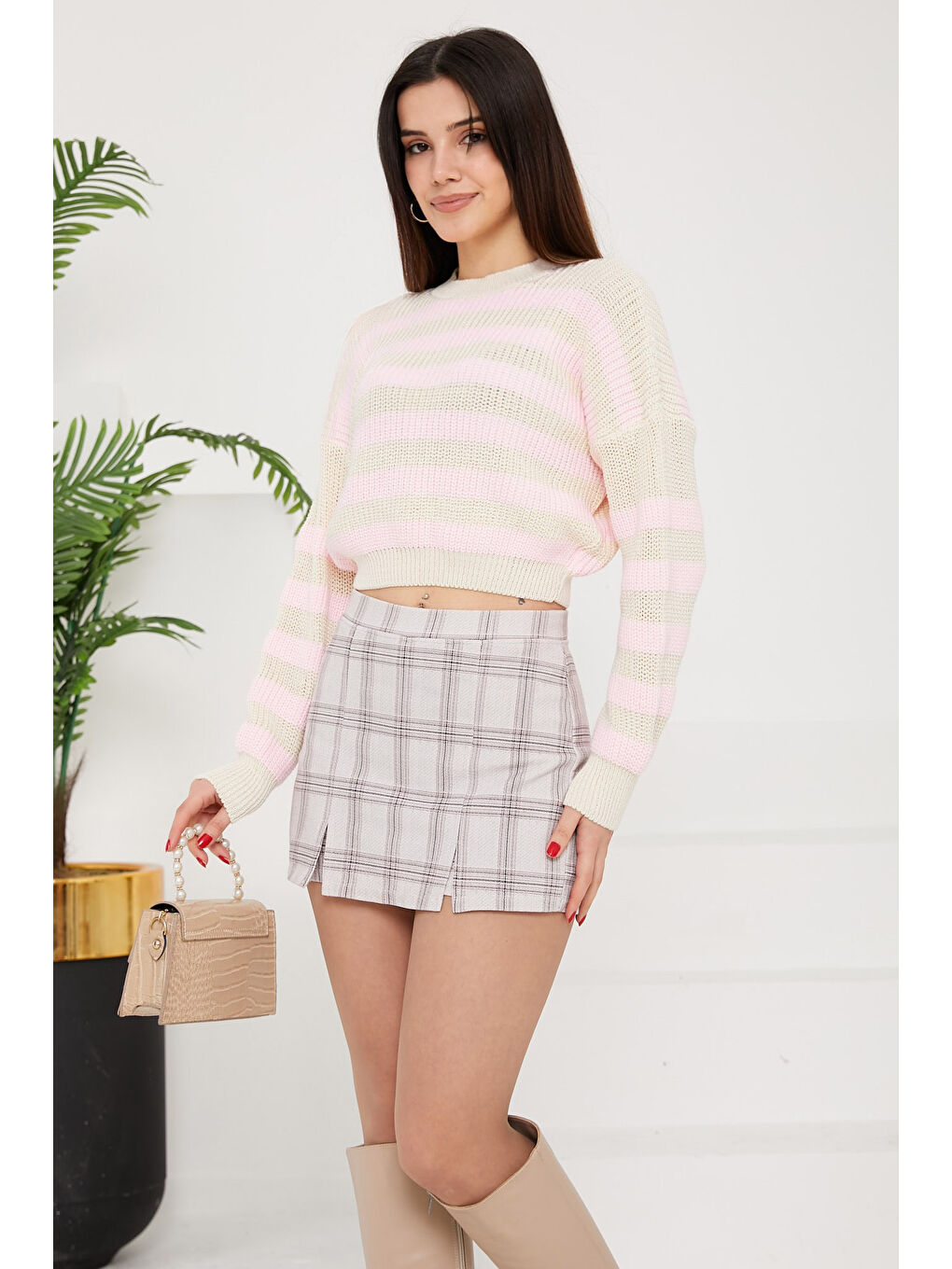 Pembe Çizgili Triko Crop şekerpembe - 27649