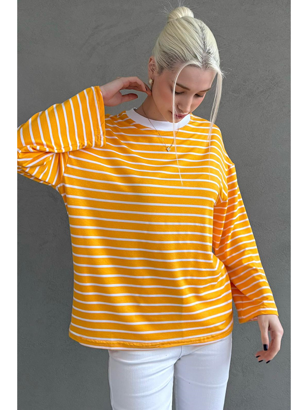 Sarı Hardal Bisiklet Yaka Çizgili Uzun Kollu Tişört Mg2362-4