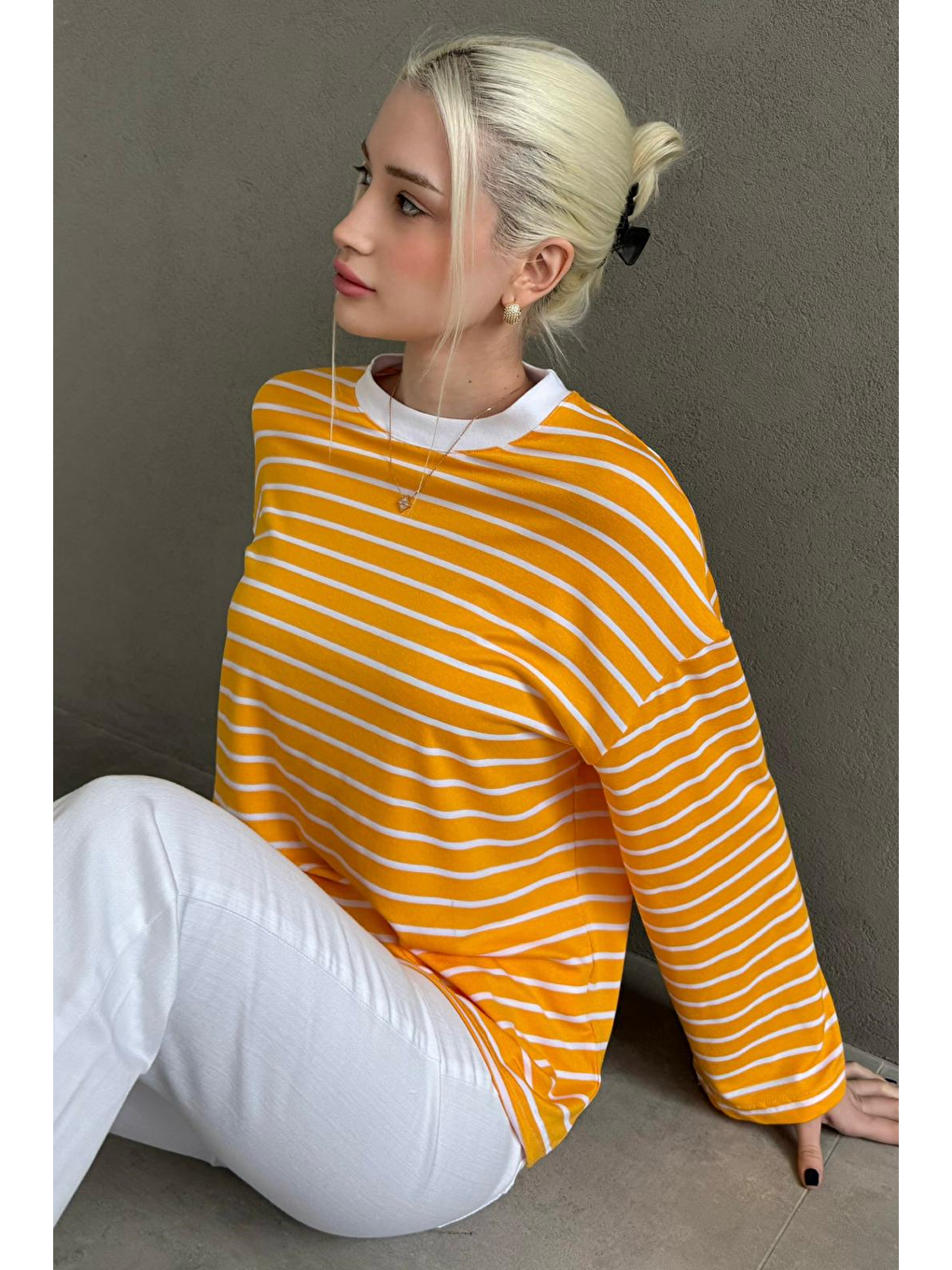 Sarı Hardal Bisiklet Yaka Çizgili Uzun Kollu Tişört Mg2362-5