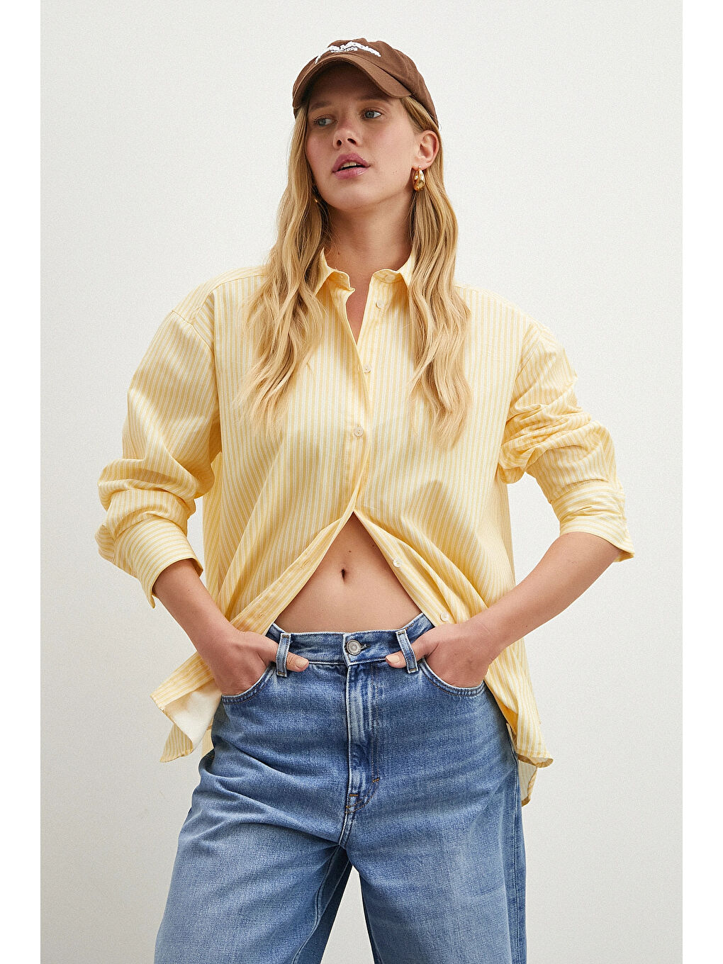 Çizgili Poplin Gömlek Sarı-3