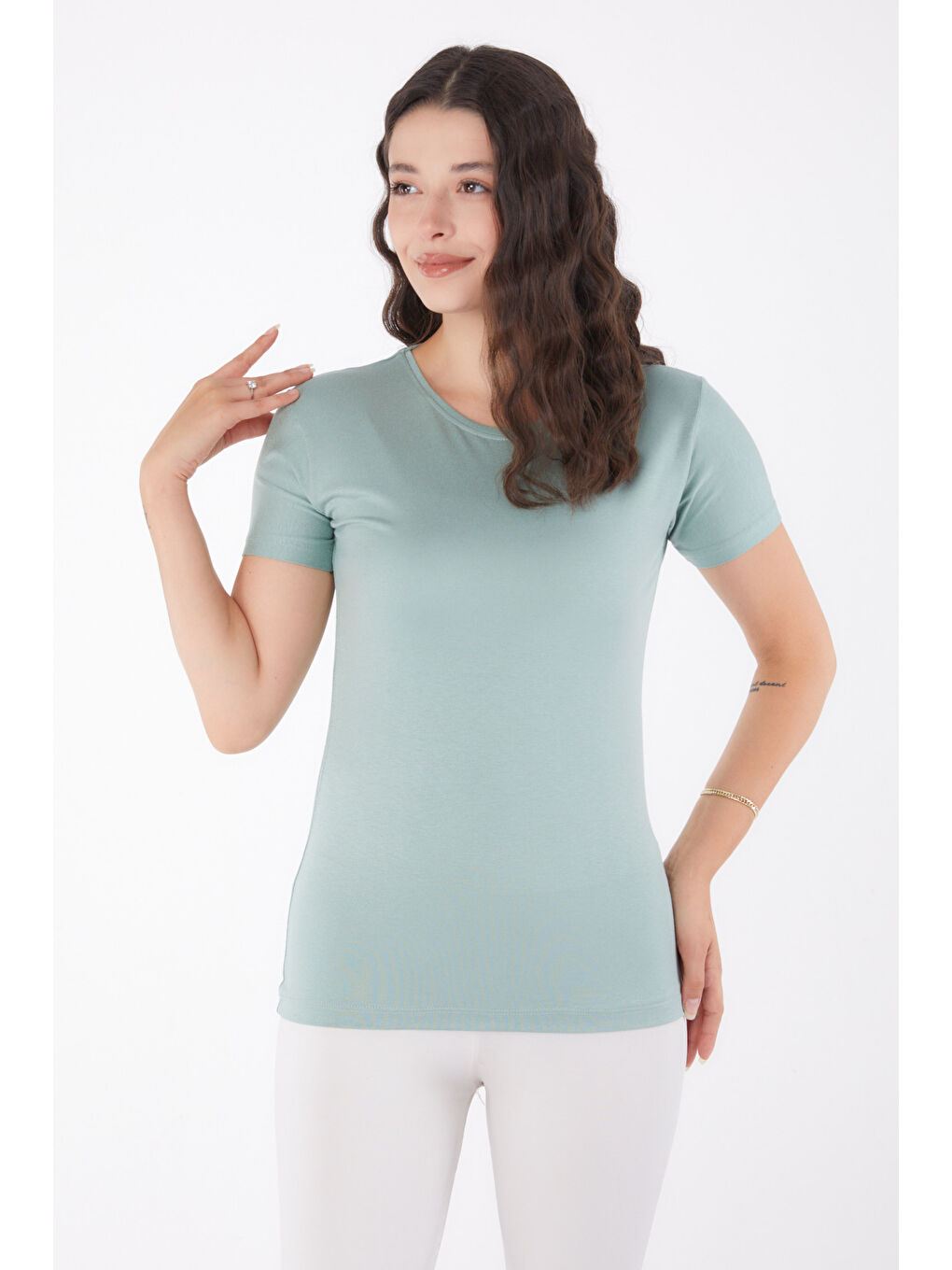 Yeşil Kısa Kollu Baskısız T-shirt çağla - 24764