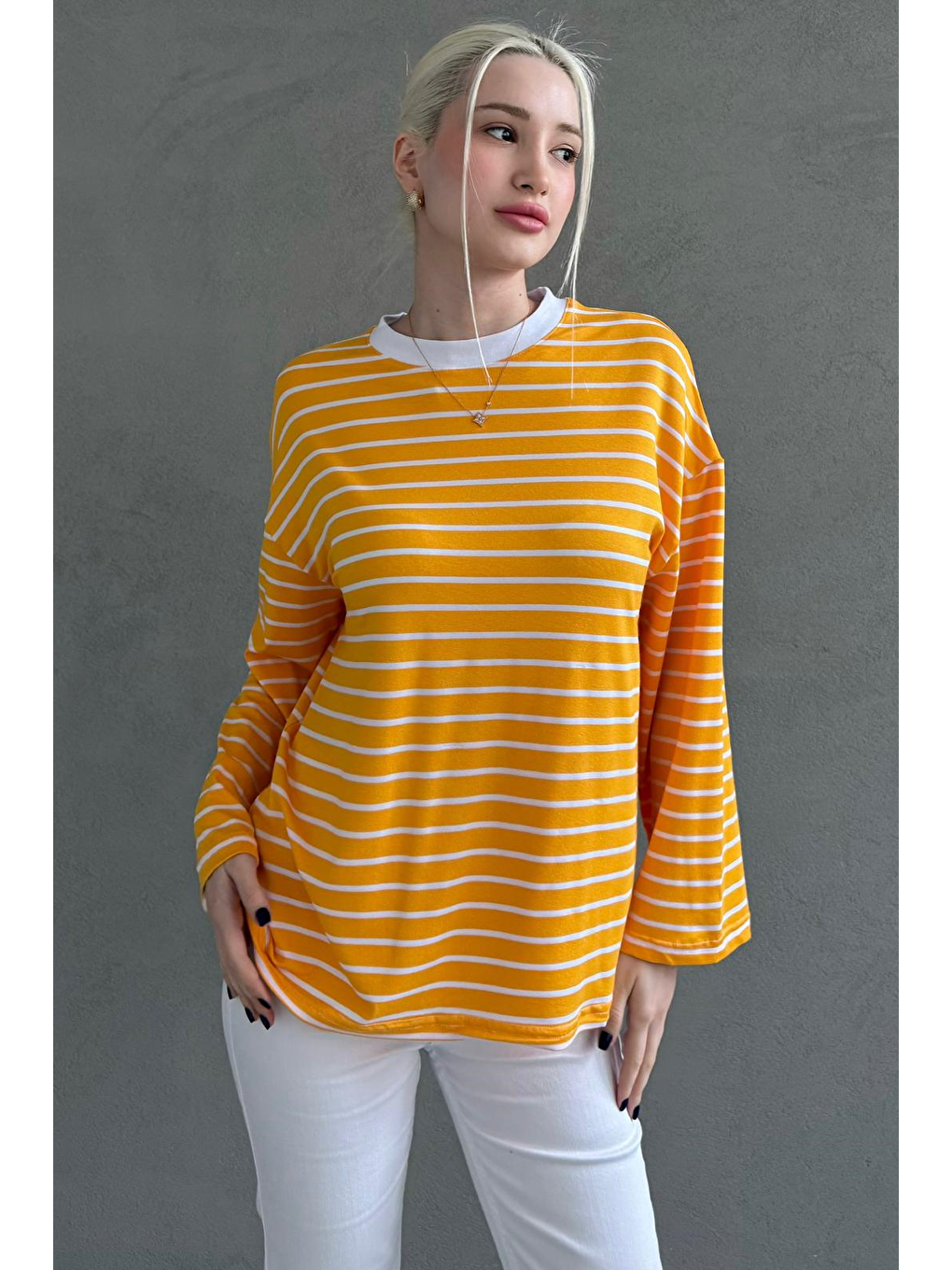 Sarı Hardal Bisiklet Yaka Çizgili Uzun Kollu Tişört Mg2362-6