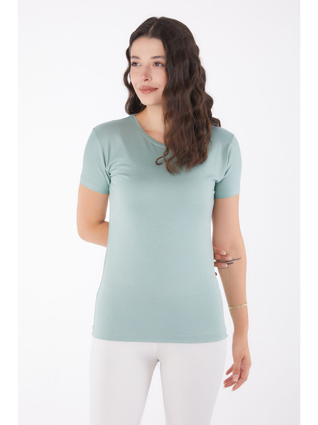 Yeşil Kısa Kollu Baskısız T-shirt çağla - 24764-1