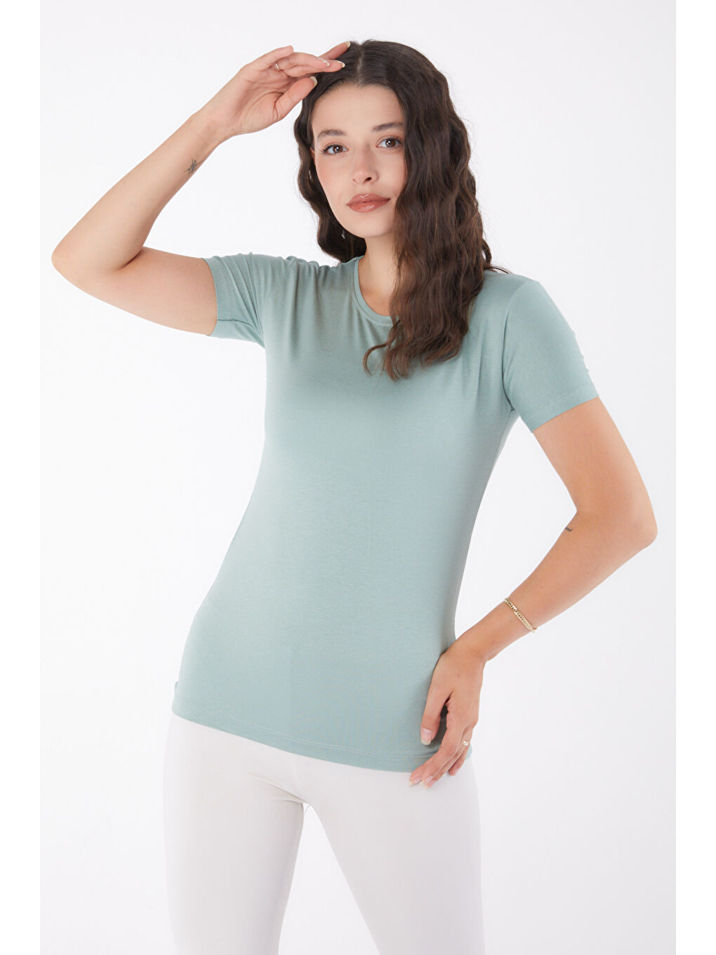 Yeşil Kısa Kollu Baskısız T-shirt çağla - 24764-2