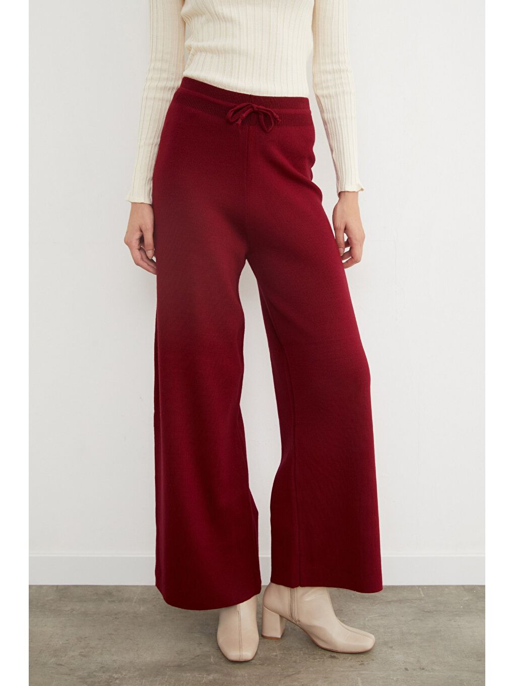 Bordo Beli Lastikli Palazzo Triko Pantolon-1