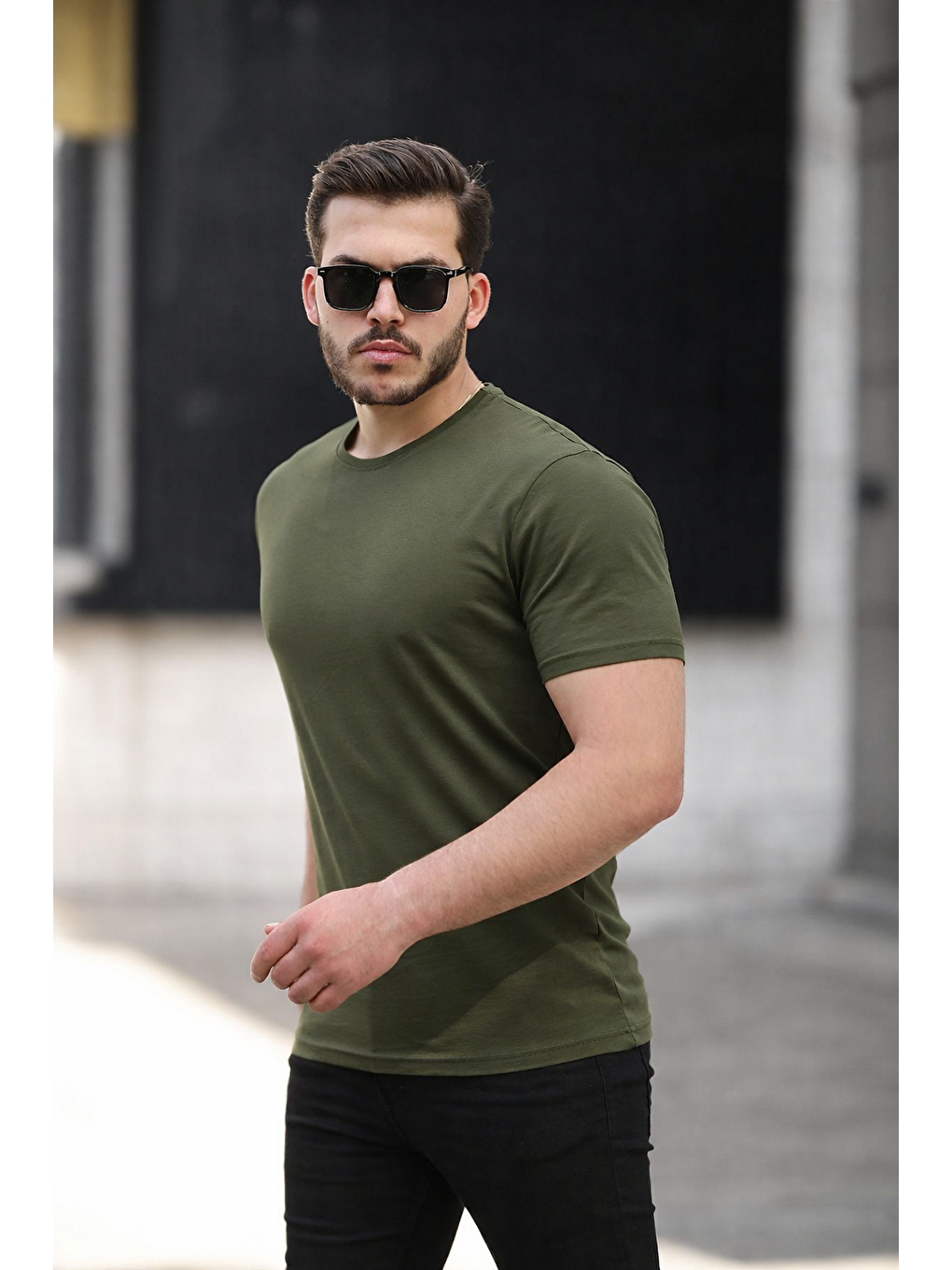 Erkek Basic Bisiklet Yaka Kısa Kollu Dar Haki Tişört-1