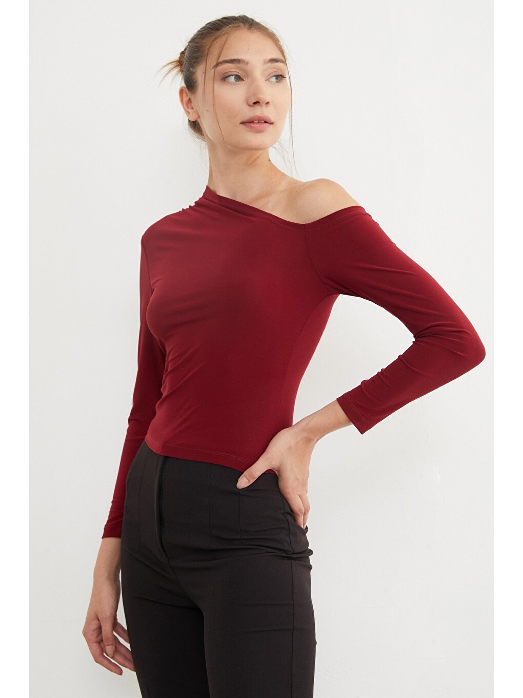 Bordo Basic Tek Omuz Bluz-2