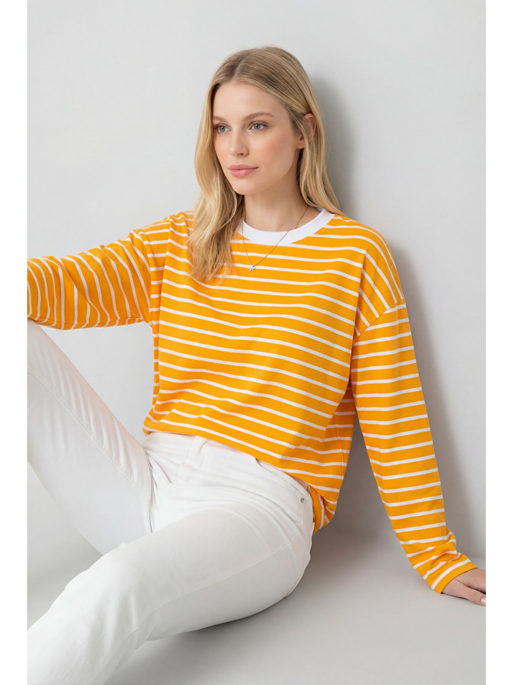 Sarı Hardal Bisiklet Yaka Çizgili Uzun Kollu Tişört Mg2362-7