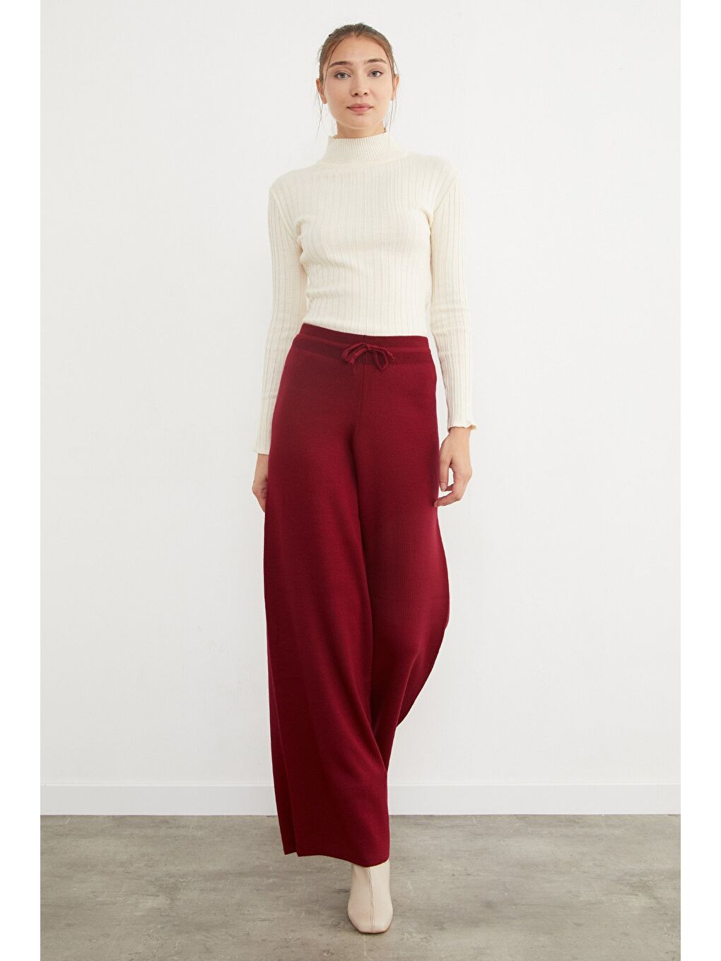 Bordo Beli Lastikli Palazzo Triko Pantolon-2