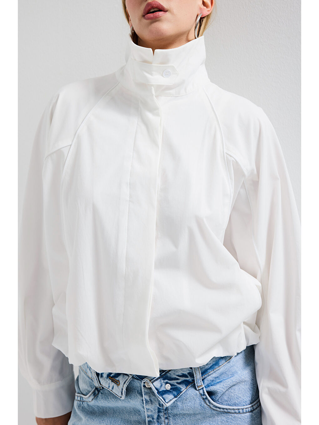 kadın Beyaz Renk w5 Oversize Özel Organik Kumaş Tasarım Gömlek Ceket-2